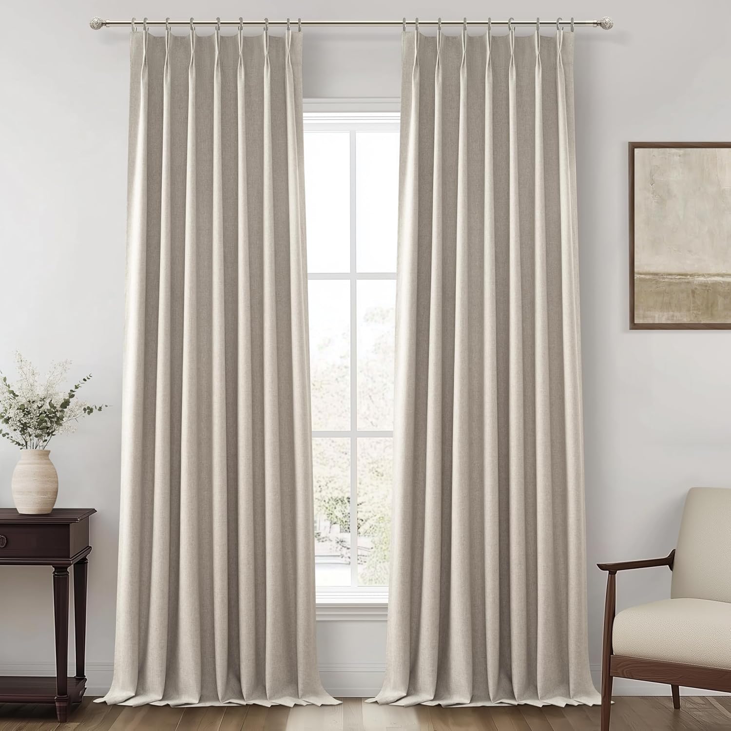 Lush Decor Wide Curtains for Windows 120 to 140 Blackout Linen 108 Inches Long, Pinch Pleated Thick 70 Inch Extra Wide Patio Door Curtain Panels 2 Set Drapes Floor to Ceiling Drapes Heavy Thermal