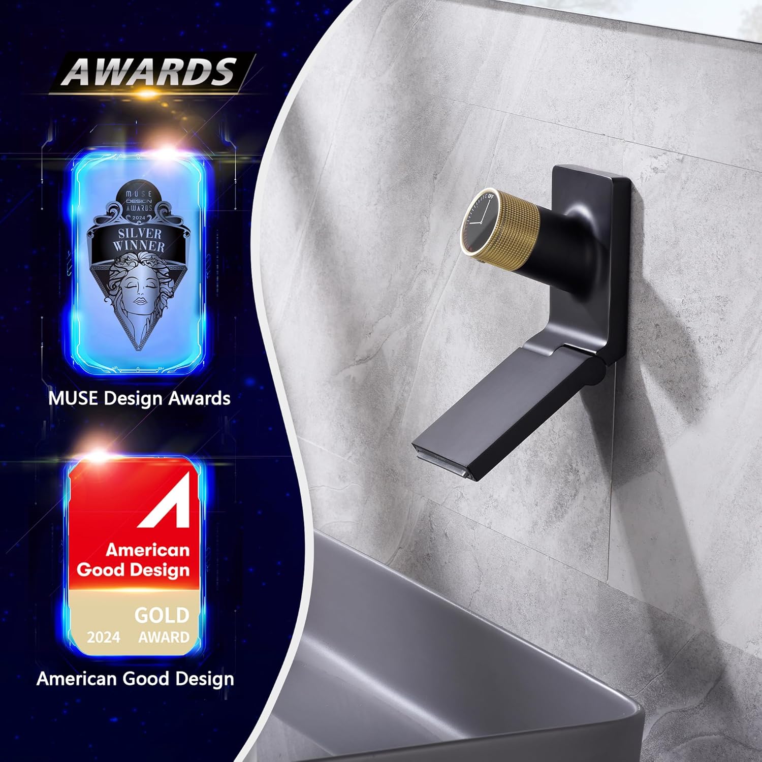 Sumerain Waterfall Wall Mount Bathroom Sink Faucet, Swiveling Spout with Adjustable Aerator, Black and Gold