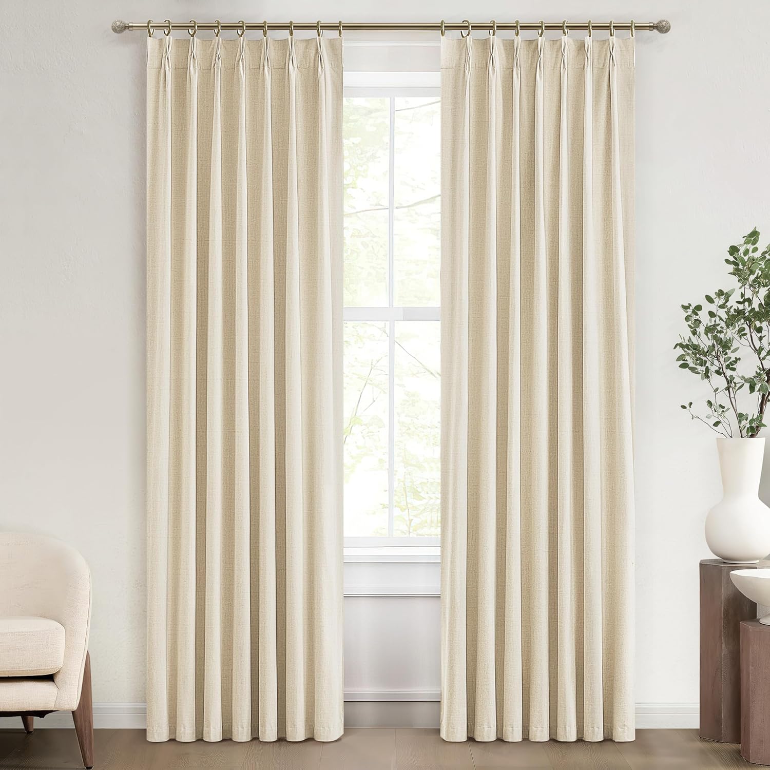 Lush Decor Wide Curtains for Windows 120 to 140 Blackout Linen 108 Inches Long, Pinch Pleated Thick 70 Inch Extra Wide Patio Door Curtain Panels 2 Set Drapes Floor to Ceiling Drapes Heavy Thermal