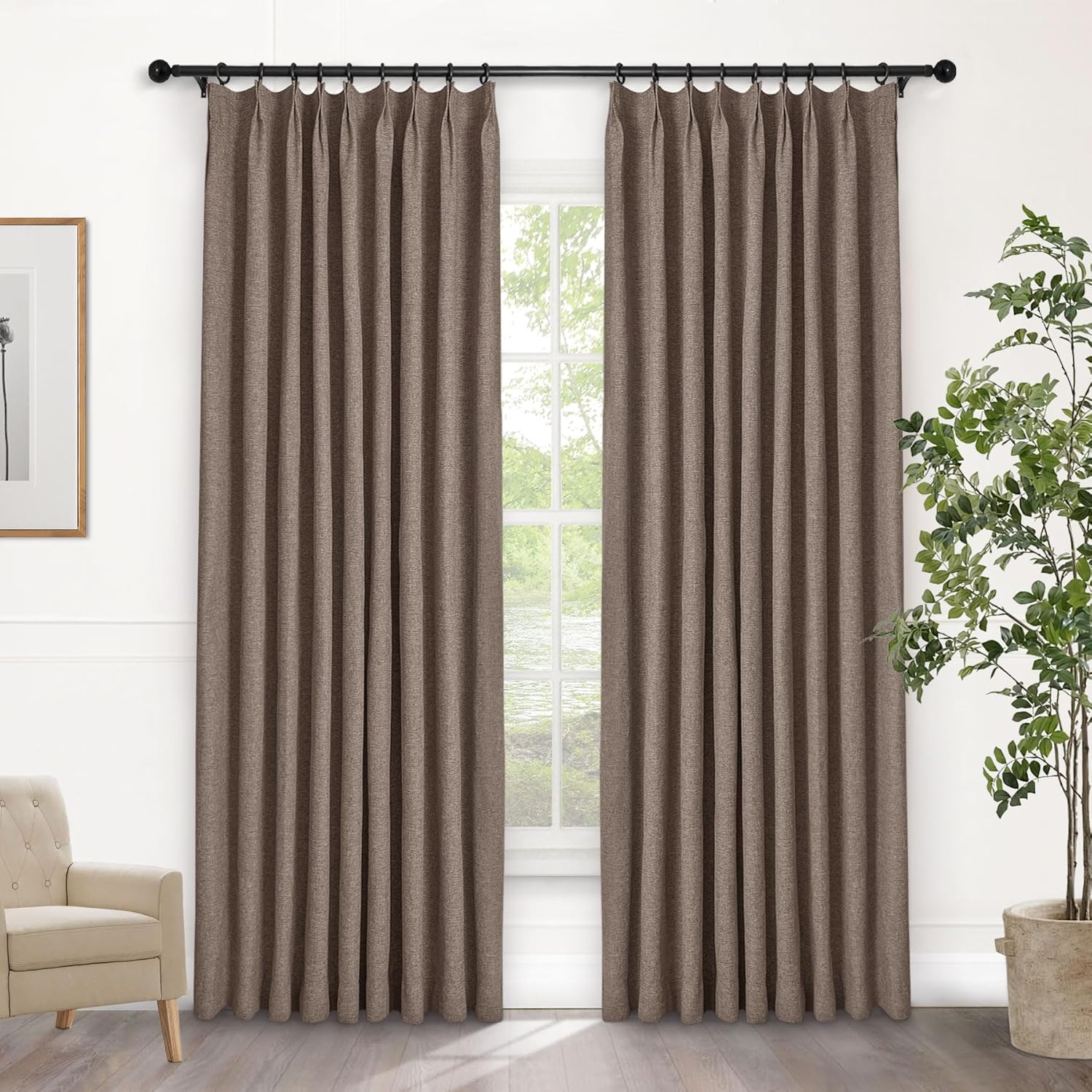 Macochico Extra Wide 100% Blackout Linen Curtains for Sliding Door Pleated Curtains with Hooks Insulated Soft Linen Drapes for Bedroom Living Room with Tieback Sand Beige 100”Wx84”L 1 Panel