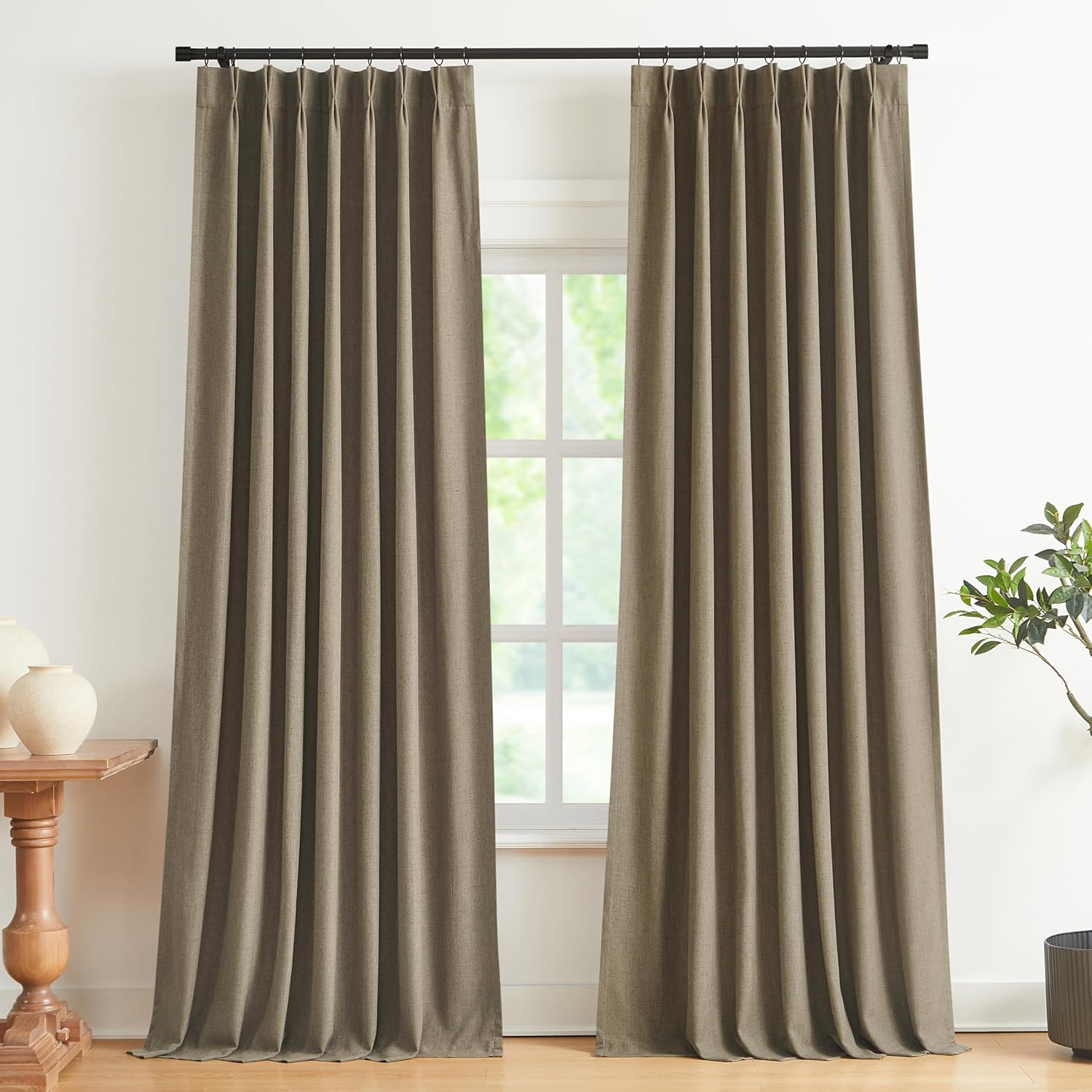 Vision Home Brown Pinch Pleated Full Blackout Curtains Linen Blended 60" Wide Thermal Insulated Window Panels 108 inch for Bedroom Living Room Darkening Pleat Drapes with Hooks Back Tab 60" Wx108 Lx1