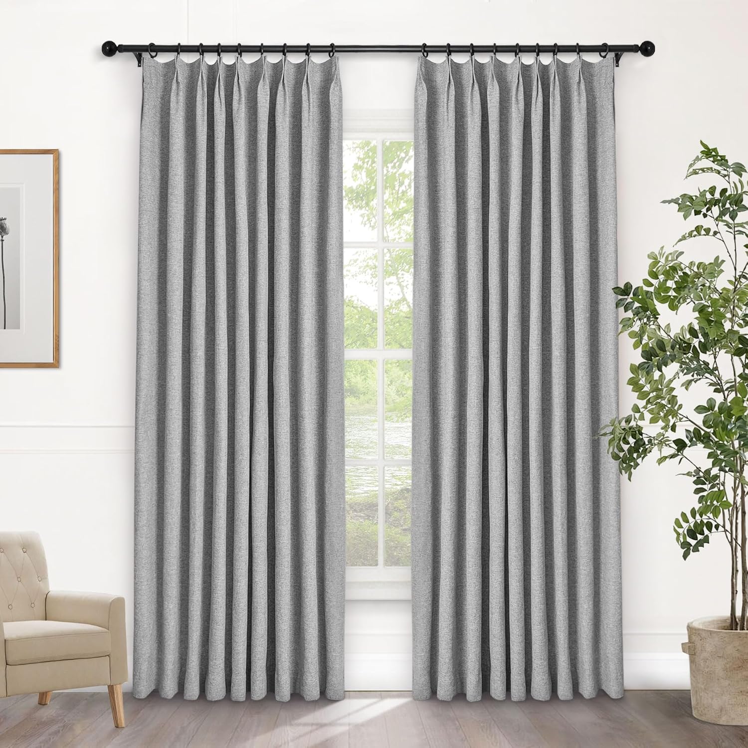 Macochico Extra Wide 100% Blackout Linen Curtains for Sliding Door Pleated Curtains with Hooks Insulated Soft Linen Drapes for Bedroom Living Room with Tieback Sand Beige 100”Wx84”L 1 Panel