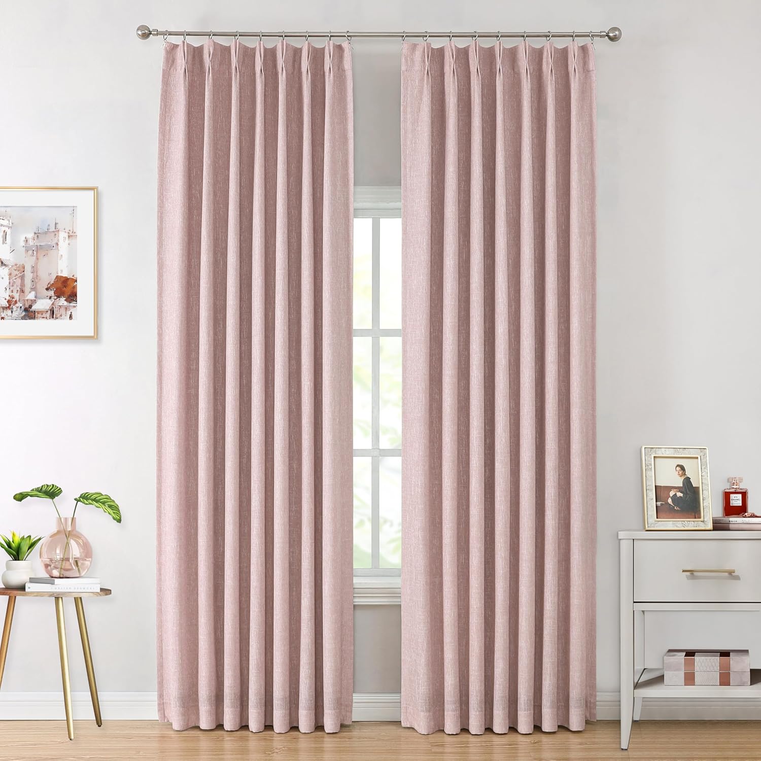 Vision Home Brown Pinch Pleated Full Blackout Curtains Linen Blended 60" Wide Thermal Insulated Window Panels 108 inch for Bedroom Living Room Darkening Pleat Drapes with Hooks Back Tab 60" Wx108 Lx1