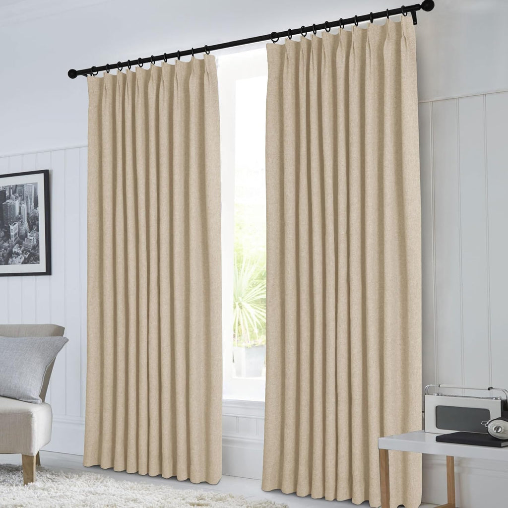 Macochico Extra Wide 100% Blackout Linen Curtains for Sliding Door Pleated Curtains with Hooks Insulated Soft Linen Drapes for Bedroom Living Room with Tieback Sand Beige 100”Wx84”L 1 Panel