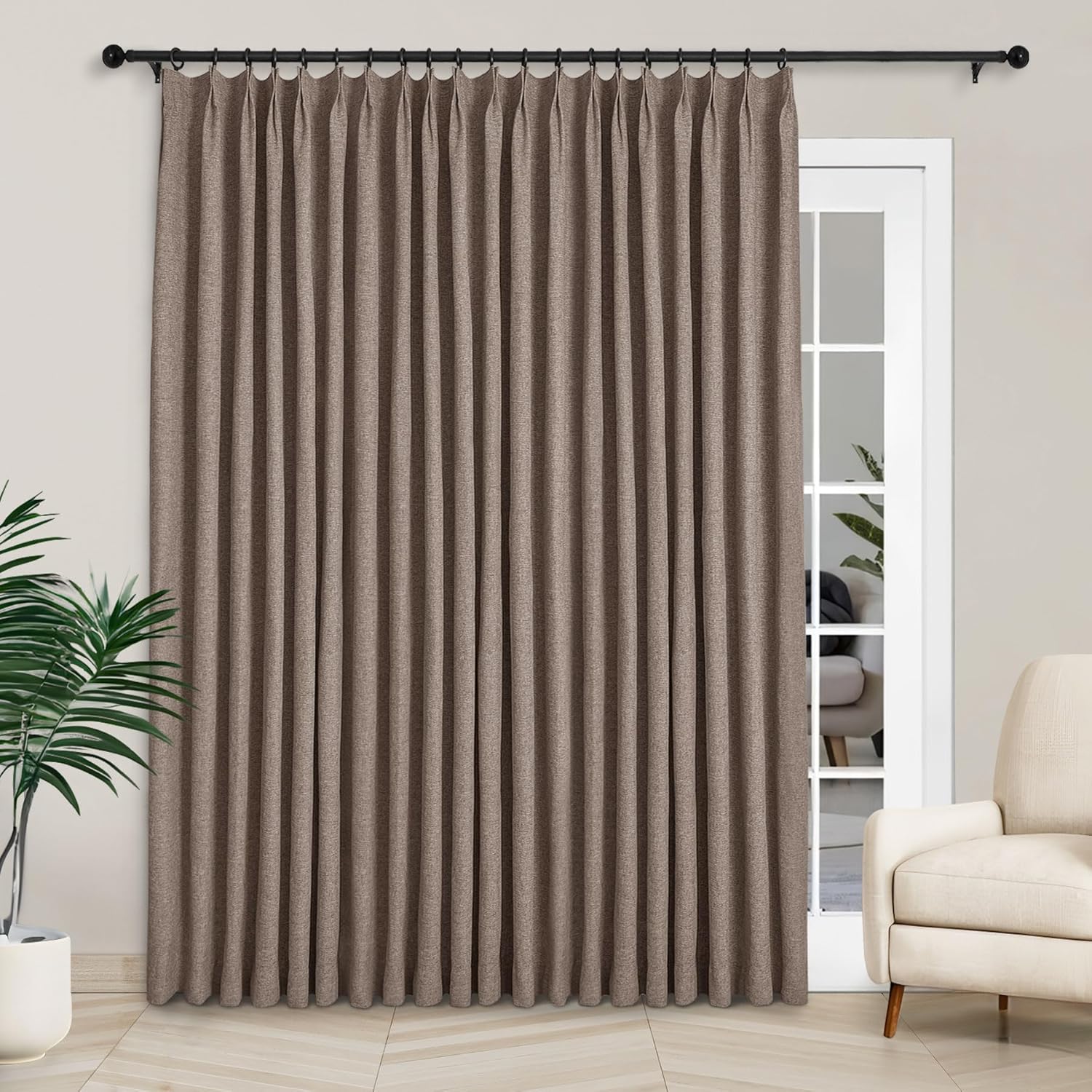 Macochico Extra Wide 100% Blackout Linen Curtains for Sliding Door Pleated Curtains with Hooks Insulated Soft Linen Drapes for Bedroom Living Room with Tieback Sand Beige 100”Wx84”L 1 Panel