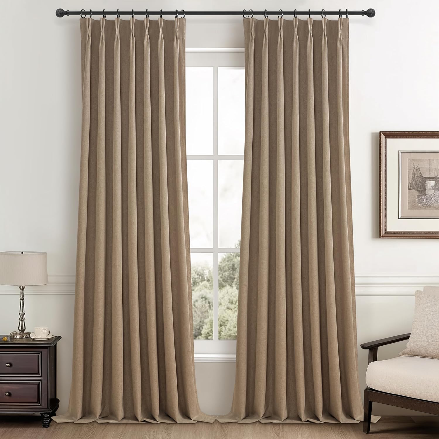 Lush Decor Wide Curtains for Windows 120 to 140 Blackout Linen 108 Inches Long, Pinch Pleated Thick 70 Inch Extra Wide Patio Door Curtain Panels 2 Set Drapes Floor to Ceiling Drapes Heavy Thermal