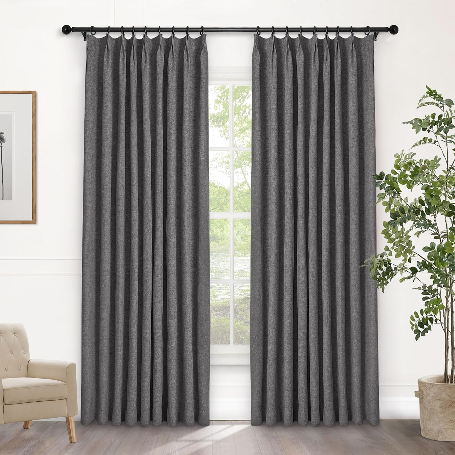 Macochico Extra Wide 100% Blackout Linen Curtains for Sliding Door Pleated Curtains with Hooks Insulated Soft Linen Drapes for Bedroom Living Room with Tieback Sand Beige 100”Wx84”L 1 Panel