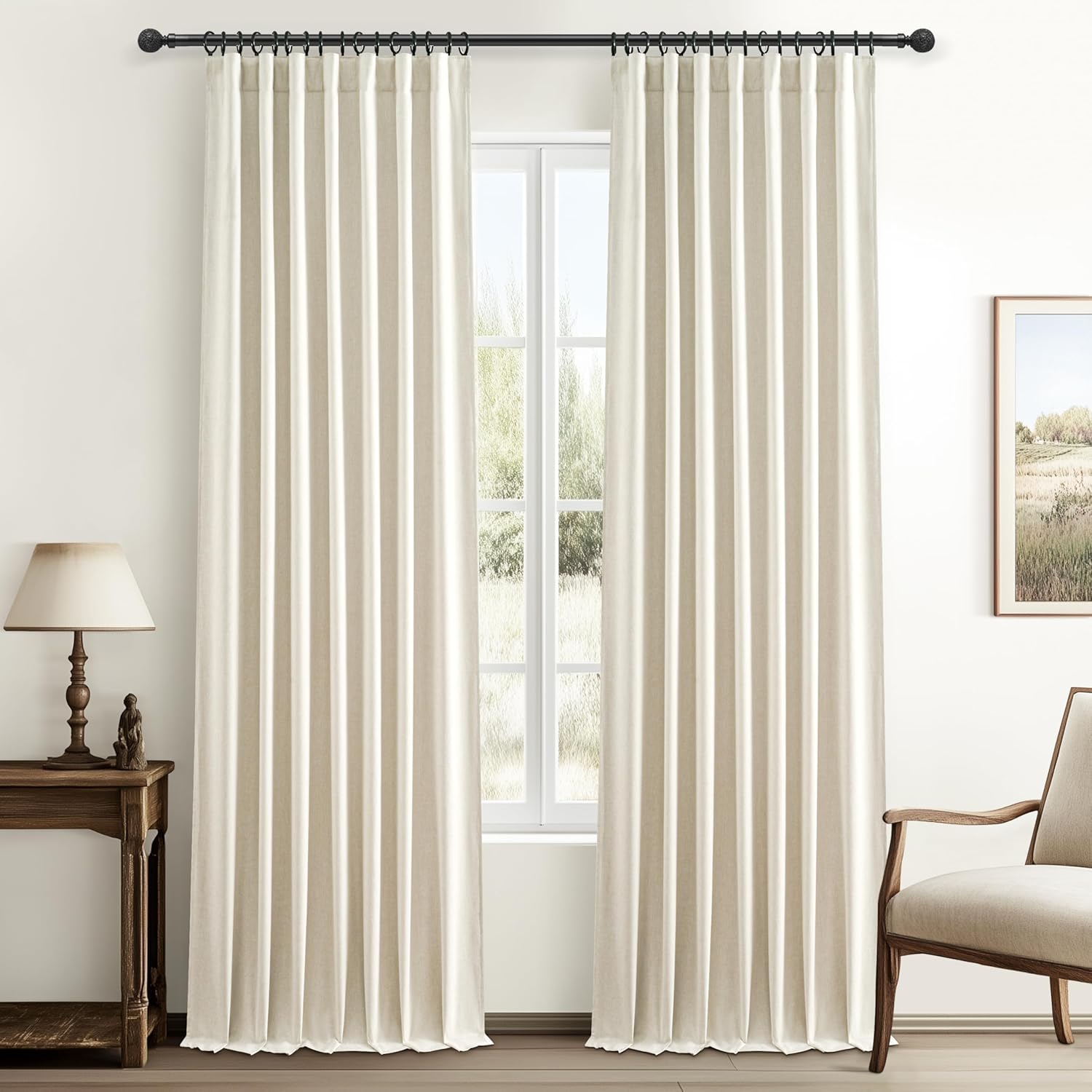 Extra Wide 70 Inch Length Blackout Curtains & Drapes 120 Inches Long 2 Panels Set for Sliding Glass Doors,Modern Pleated Linen Blend Heavy Floor to Ceiling Large Window Drapes(70"Wx120"Lx 2 Natural)