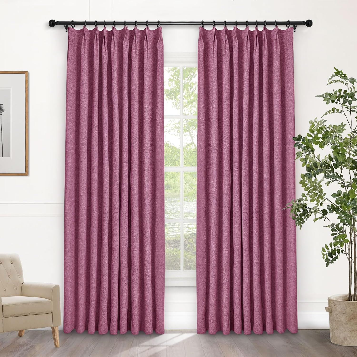 Macochico Extra Wide 100% Blackout Linen Curtains for Sliding Door Pleated Curtains with Hooks Insulated Soft Linen Drapes for Bedroom Living Room with Tieback Sand Beige 100”Wx84”L 1 Panel