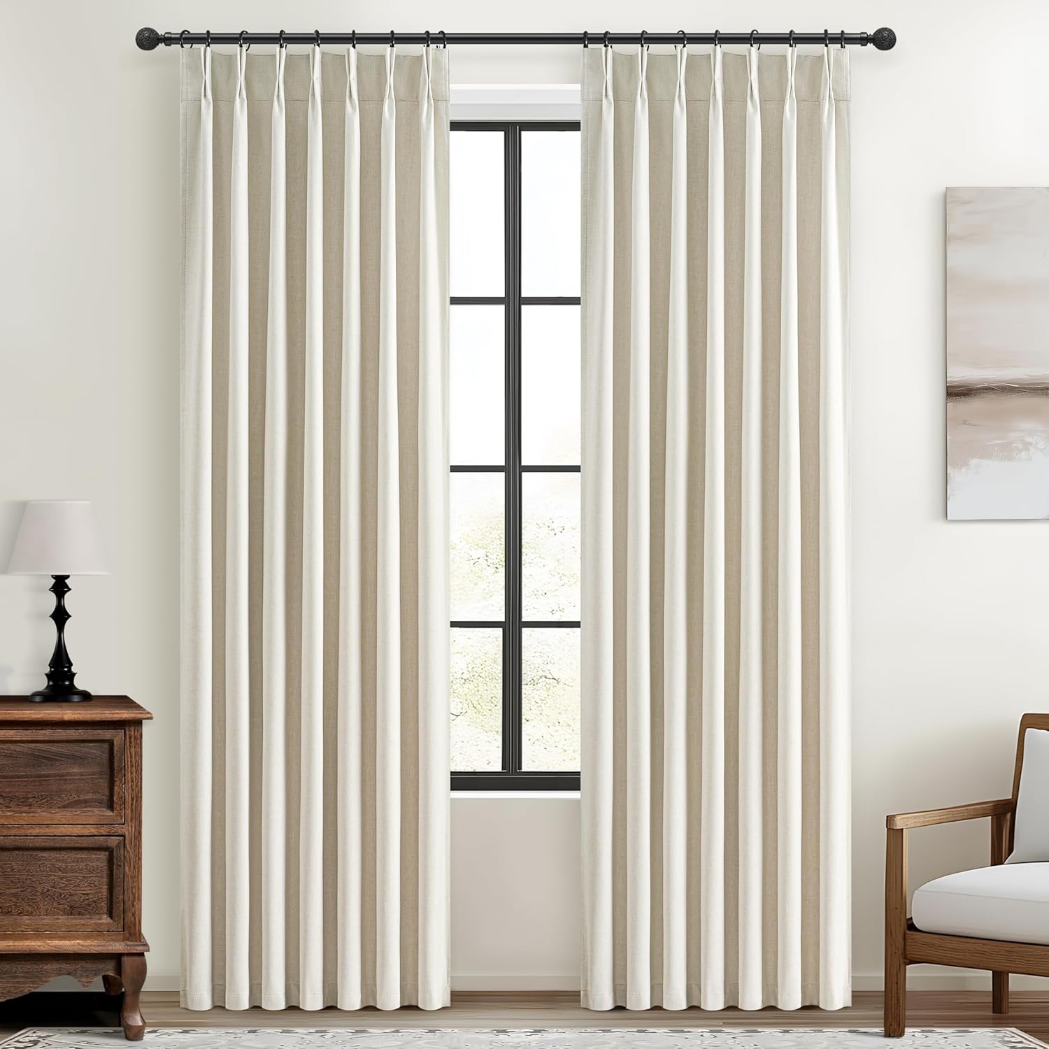Lush Decor Wide Curtains for Windows 120 to 140 Blackout Linen 108 Inches Long, Pinch Pleated Thick 70 Inch Extra Wide Patio Door Curtain Panels 2 Set Drapes Floor to Ceiling Drapes Heavy Thermal