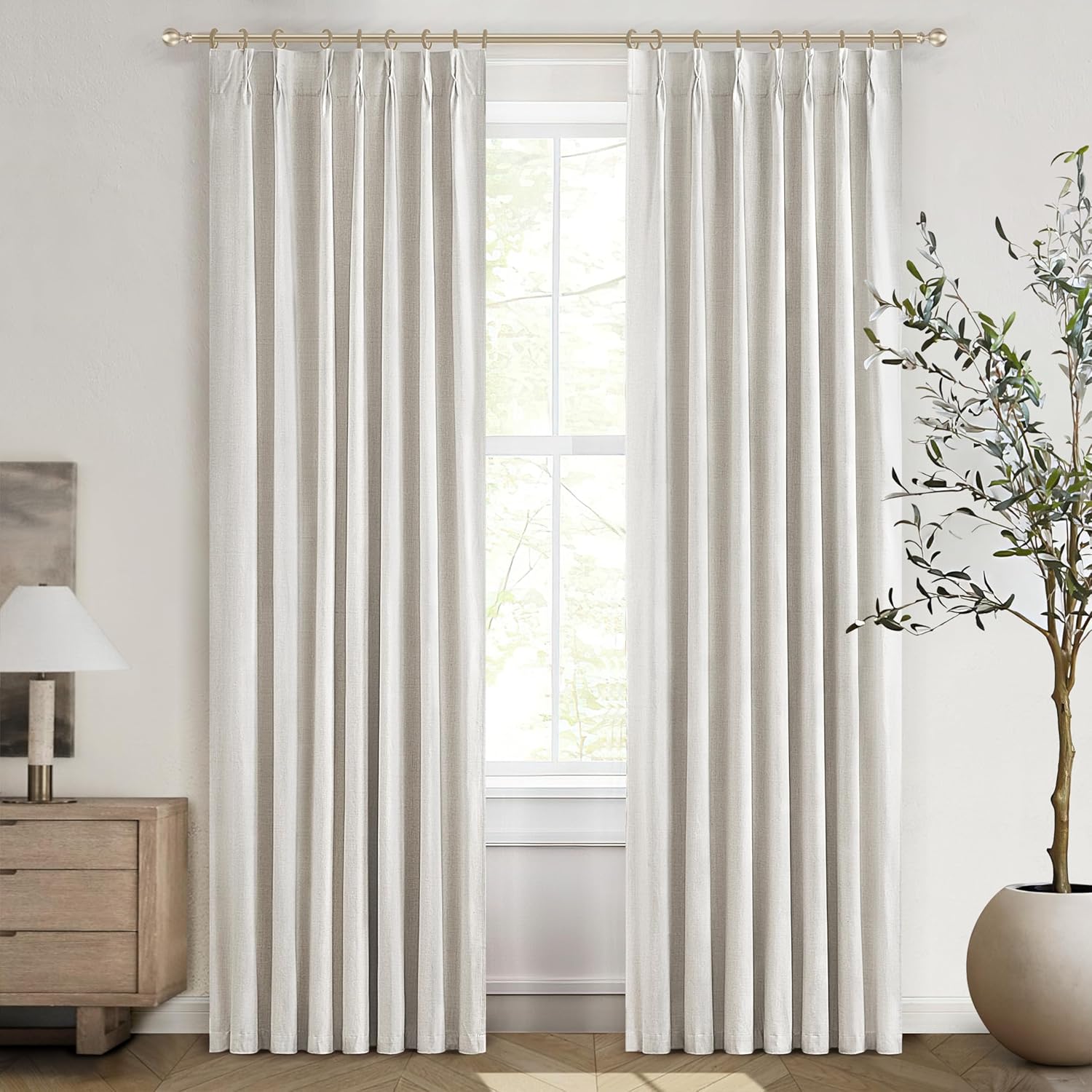 Lush Decor Wide Curtains for Windows 120 to 140 Blackout Linen 108 Inches Long, Pinch Pleated Thick 70 Inch Extra Wide Patio Door Curtain Panels 2 Set Drapes Floor to Ceiling Drapes Heavy Thermal