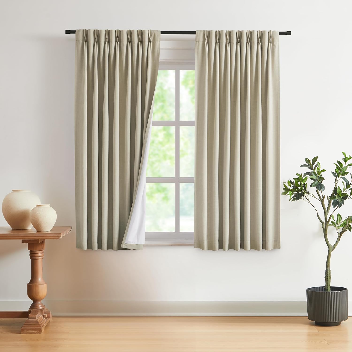 Vision Home Brown Pinch Pleated Full Blackout Curtains Linen Blended 60" Wide Thermal Insulated Window Panels 108 inch for Bedroom Living Room Darkening Pleat Drapes with Hooks Back Tab 60" Wx108 Lx1
