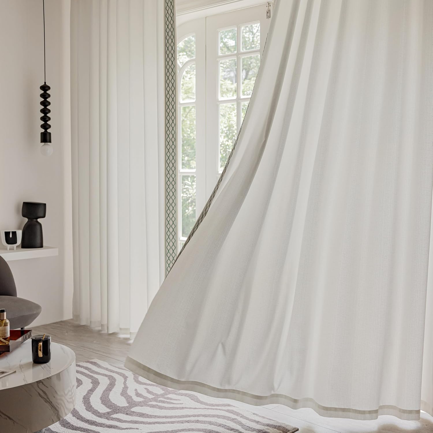 White Linen Curtain Panels with Embroidered Trim Design, Pinch Pleat Curtains, Semi-Sheer Curtains for Sliding Patio Doors Bedroom (2 Panels) (50W x 84L)