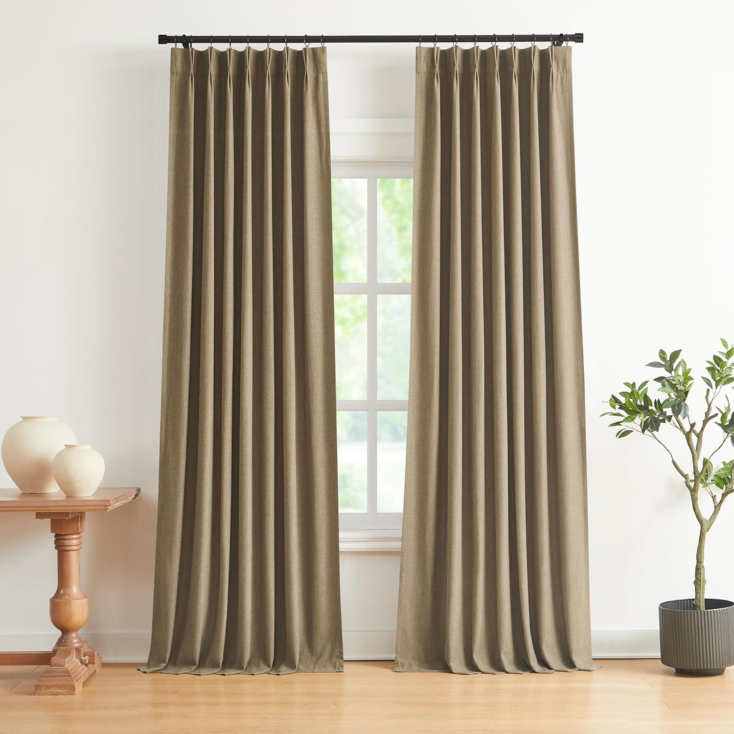 Vision Home Brown Pinch Pleated Full Blackout Curtains Linen Blended 60" Wide Thermal Insulated Window Panels 108 inch for Bedroom Living Room Darkening Pleat Drapes with Hooks Back Tab 60" Wx108 Lx1