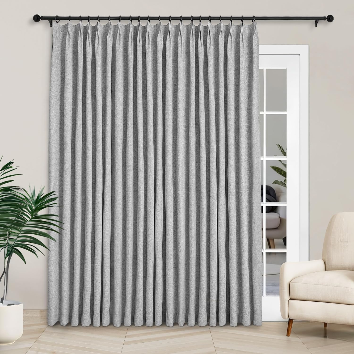 Macochico Extra Wide 100% Blackout Linen Curtains for Sliding Door Pleated Curtains with Hooks Insulated Soft Linen Drapes for Bedroom Living Room with Tieback Sand Beige 100”Wx84”L 1 Panel