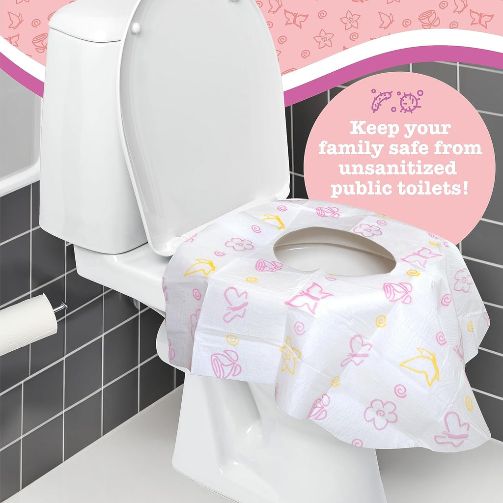Toilet Seat Covers Disposable (40 Pack, Floral) - XL Waterproof Toilet Cover for Toddlers, Kids & Adults - Portable & Individually Wrapped for Travel, Potty Training & Public Restrooms