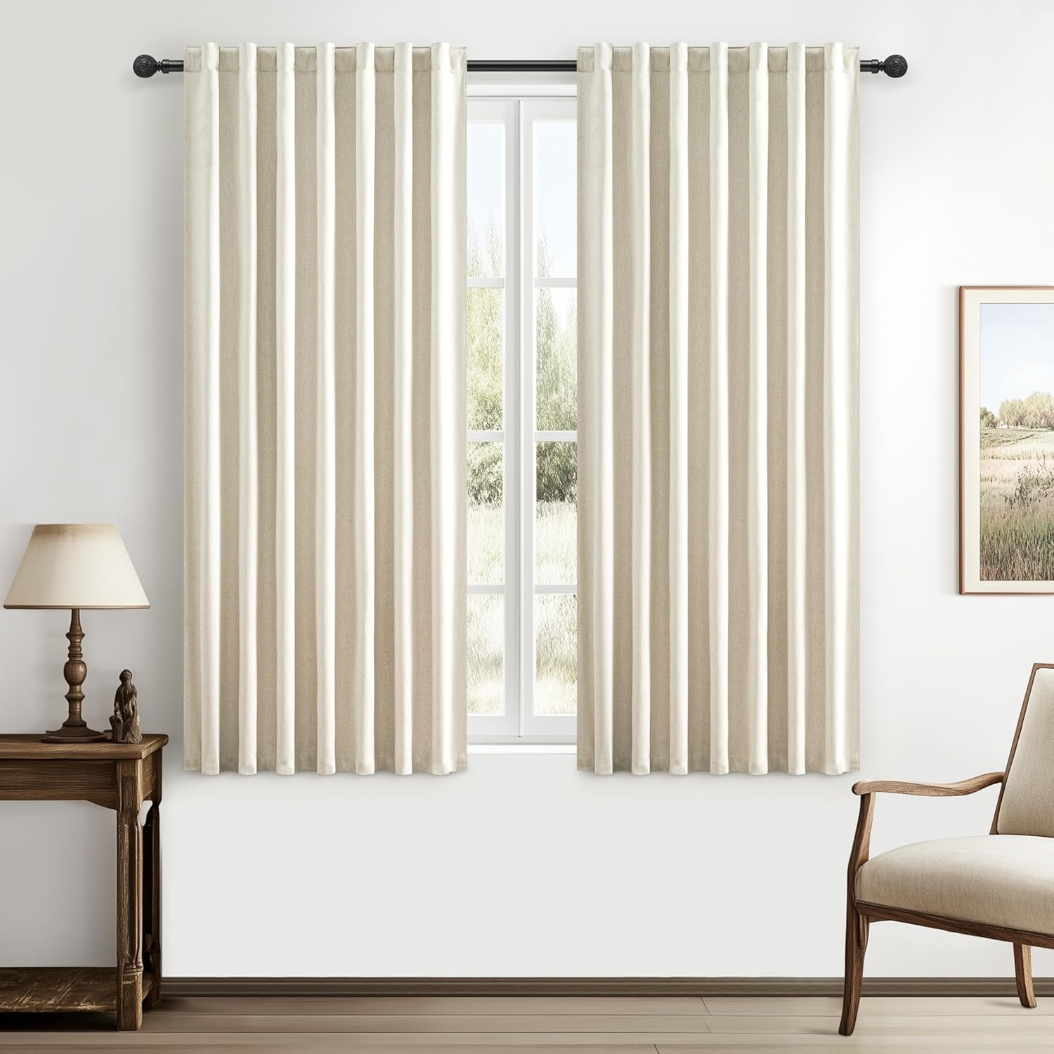 Extra Wide 70 Inch Length Blackout Curtains & Drapes 120 Inches Long 2 Panels Set for Sliding Glass Doors,Modern Pleated Linen Blend Heavy Floor to Ceiling Large Window Drapes(70"Wx120"Lx 2 Natural)