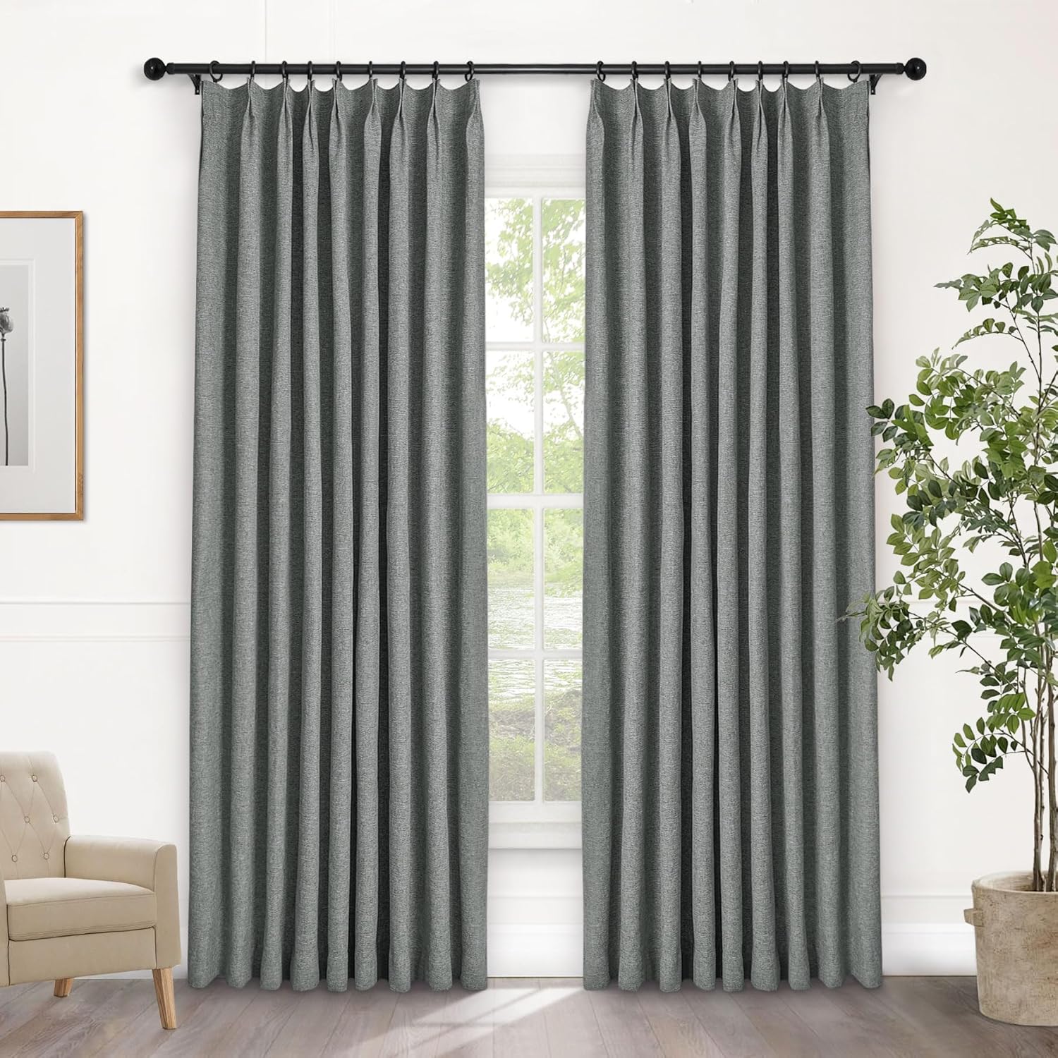 Macochico Extra Wide 100% Blackout Linen Curtains for Sliding Door Pleated Curtains with Hooks Insulated Soft Linen Drapes for Bedroom Living Room with Tieback Sand Beige 100”Wx84”L 1 Panel