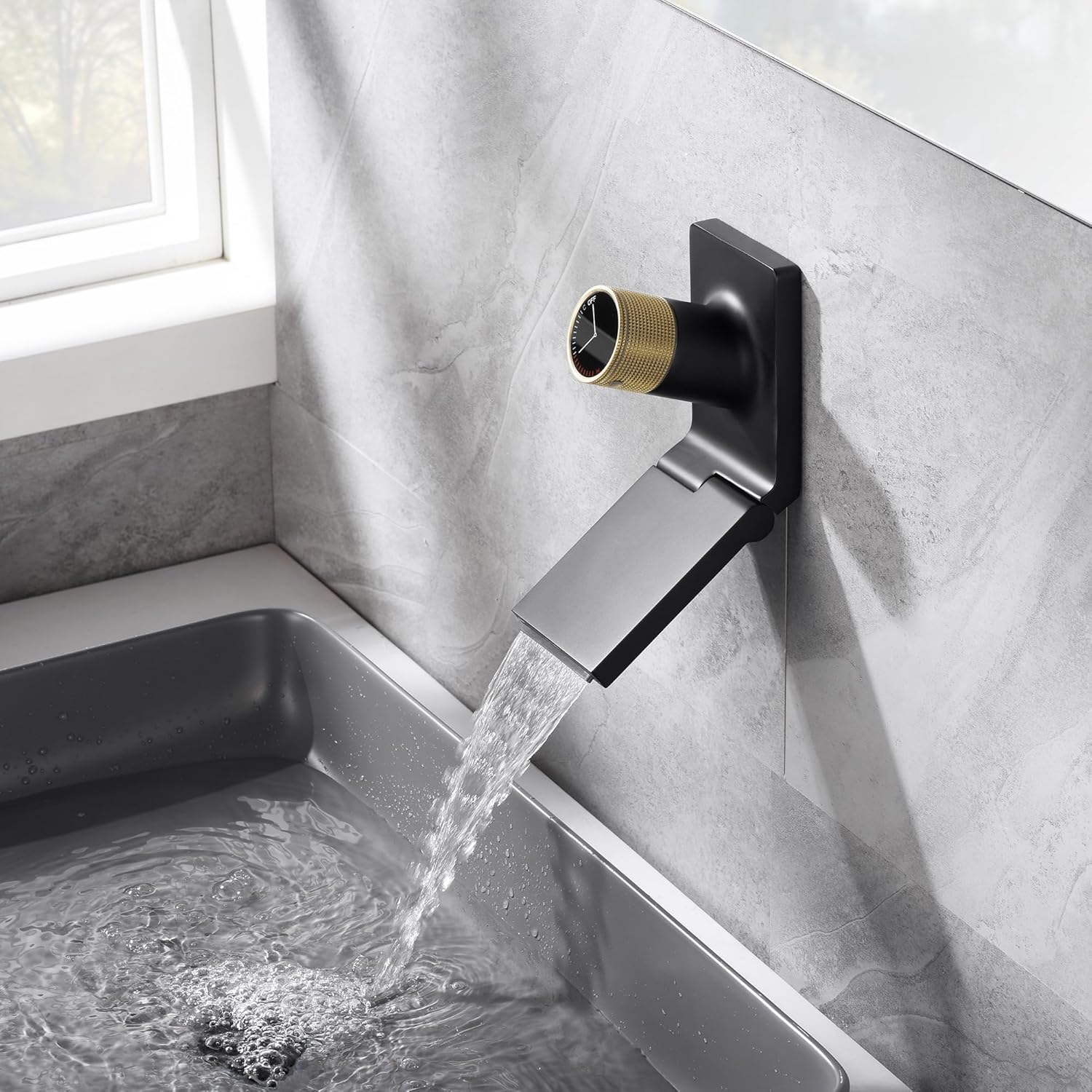 Sumerain Waterfall Wall Mount Bathroom Sink Faucet, Swiveling Spout with Adjustable Aerator, Black and Gold