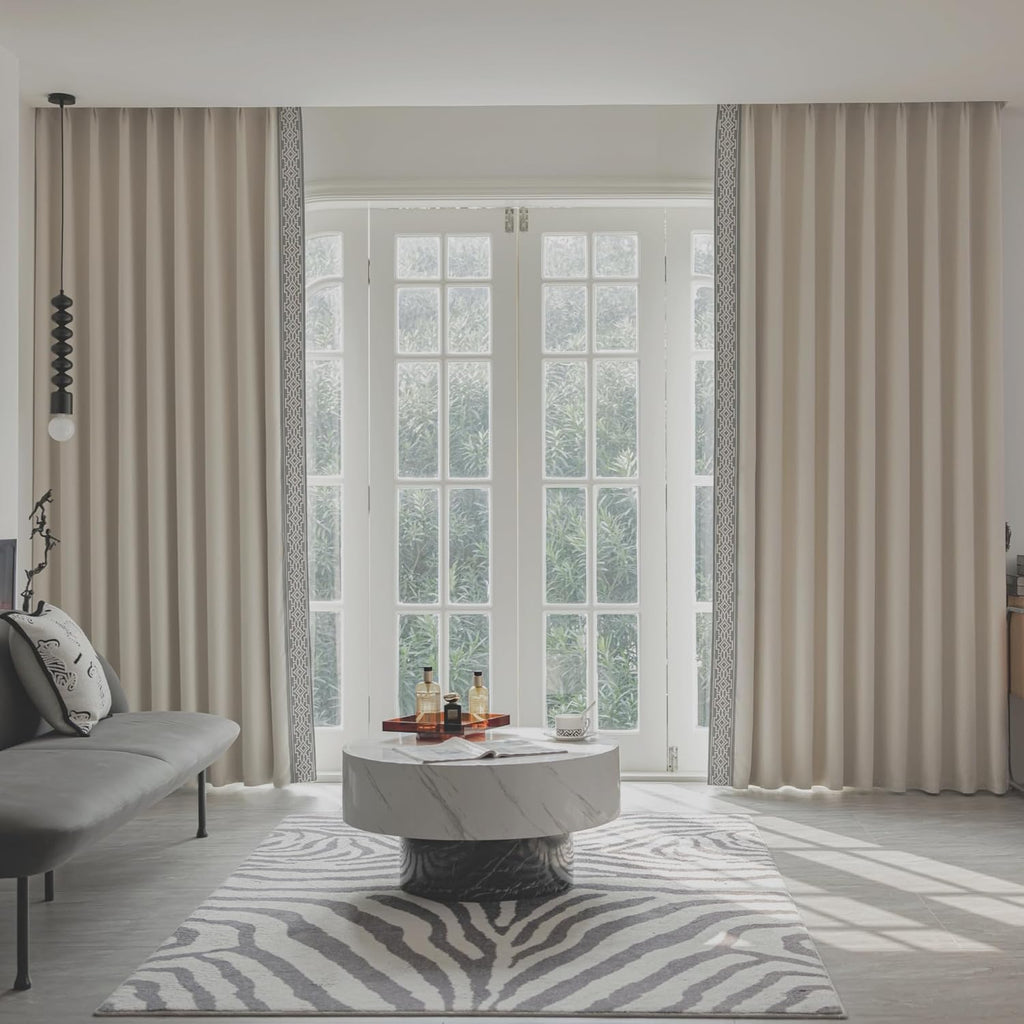 Cream Cotton Blend Curtain Panels with Trim Design, Pinch Pleat Curtains, Blackout Curtains for Sliding Patio Doors Bedroom (Set of 2) (52W x 96L)