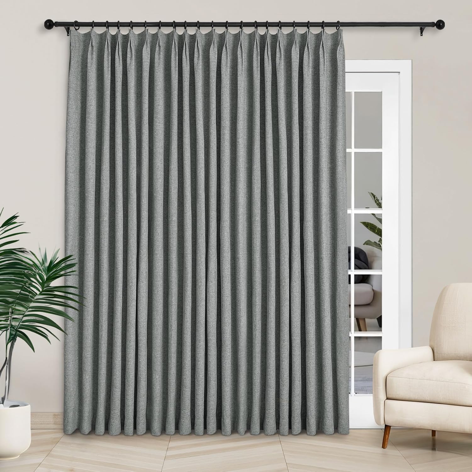 Macochico Extra Wide 100% Blackout Linen Curtains for Sliding Door Pleated Curtains with Hooks Insulated Soft Linen Drapes for Bedroom Living Room with Tieback Sand Beige 100”Wx84”L 1 Panel