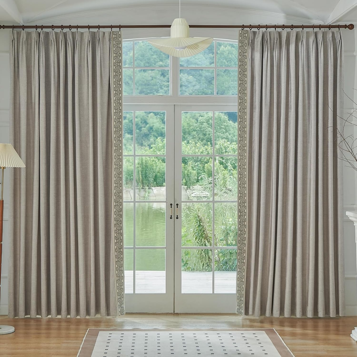 Curtain Panels with Embroidered Design, Tape Trim Drapes Pinch Pleat, Design Curtains for Sliding Patio Doors Bedroom 2Panels (Warm Cream, 50" W x 102" L)