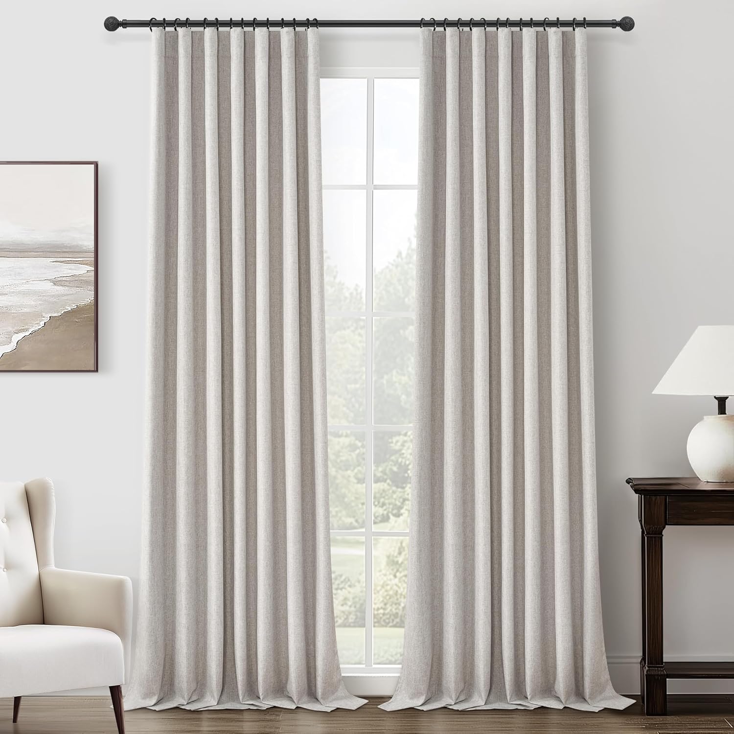 Extra Wide 70 Inch Length Blackout Curtains & Drapes 120 Inches Long 2 Panels Set for Sliding Glass Doors,Modern Pleated Linen Blend Heavy Floor to Ceiling Large Window Drapes(70"Wx120"Lx 2 Natural)