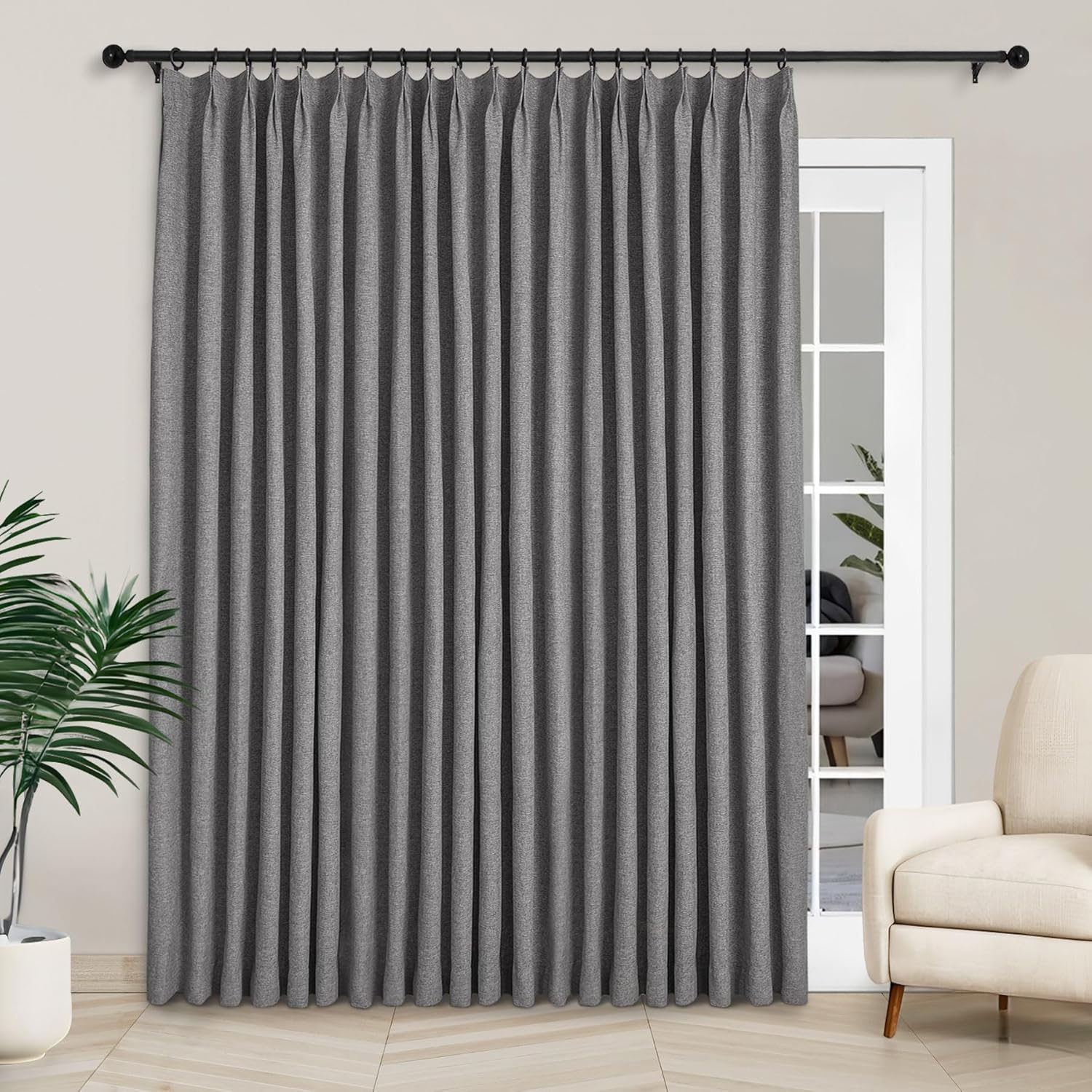 Macochico Extra Wide 100% Blackout Linen Curtains for Sliding Door Pleated Curtains with Hooks Insulated Soft Linen Drapes for Bedroom Living Room with Tieback Sand Beige 100”Wx84”L 1 Panel