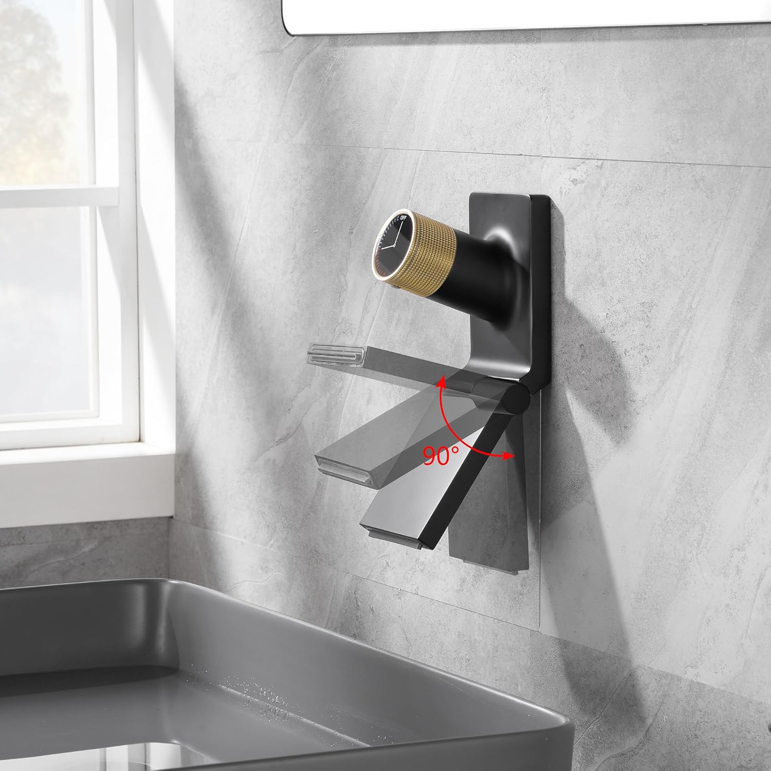 Sumerain Waterfall Wall Mount Bathroom Sink Faucet, Swiveling Spout with Adjustable Aerator, Black and Gold