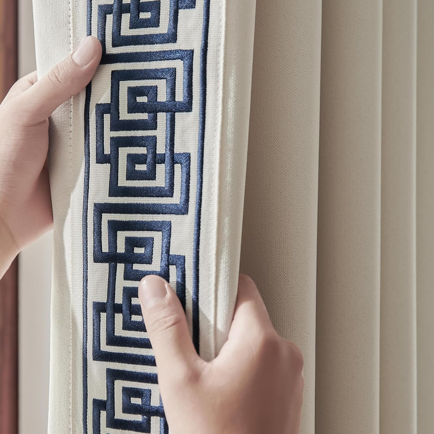 Curtain Panels with Embroidered Design, Tape Trim Drapes Pinch Pleat, Design Curtains for Sliding Patio Doors Bedroom 2Panels (Warm Cream, 50" W x 102" L)