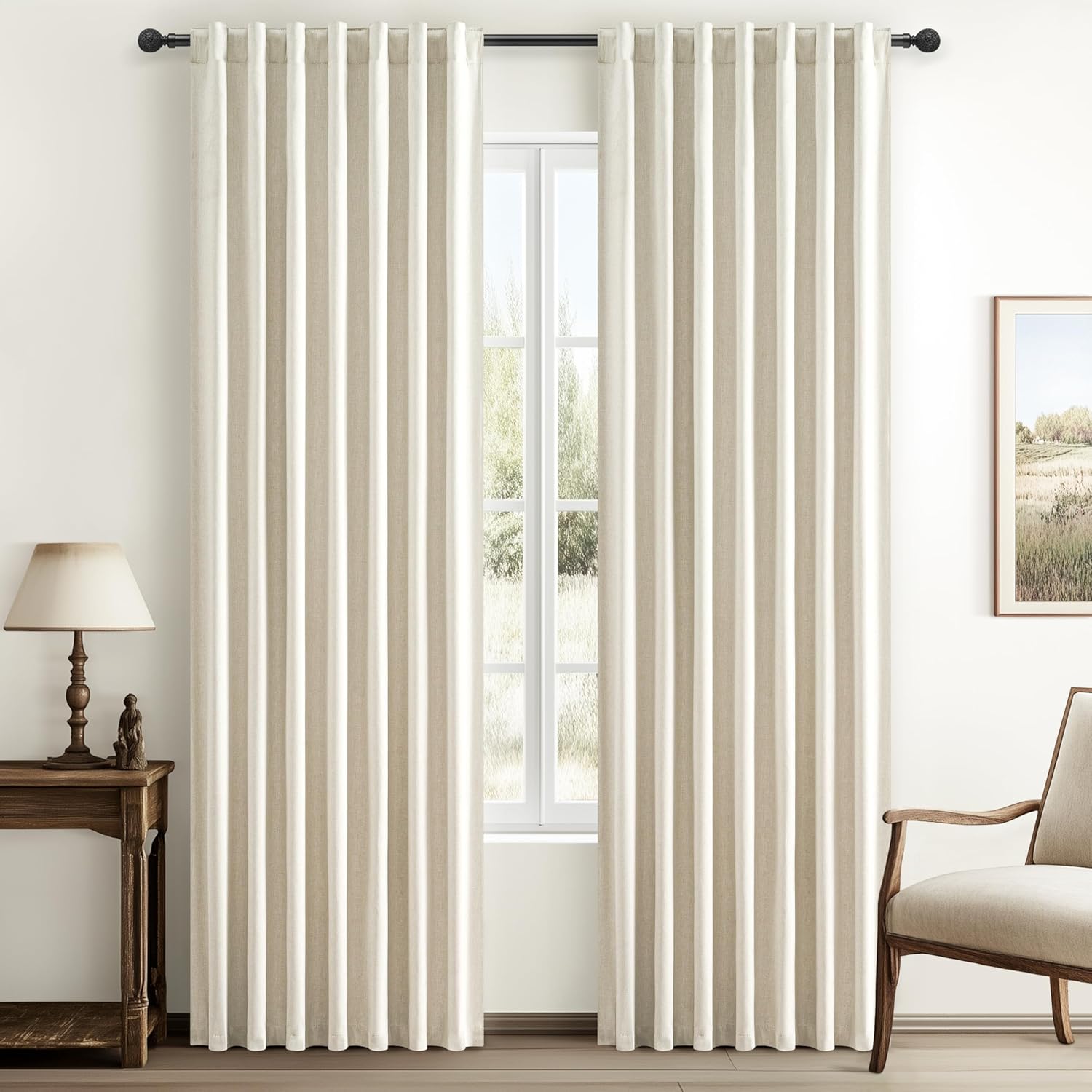 Extra Wide 70 Inch Length Blackout Curtains & Drapes 120 Inches Long 2 Panels Set for Sliding Glass Doors,Modern Pleated Linen Blend Heavy Floor to Ceiling Large Window Drapes(70"Wx120"Lx 2 Natural)