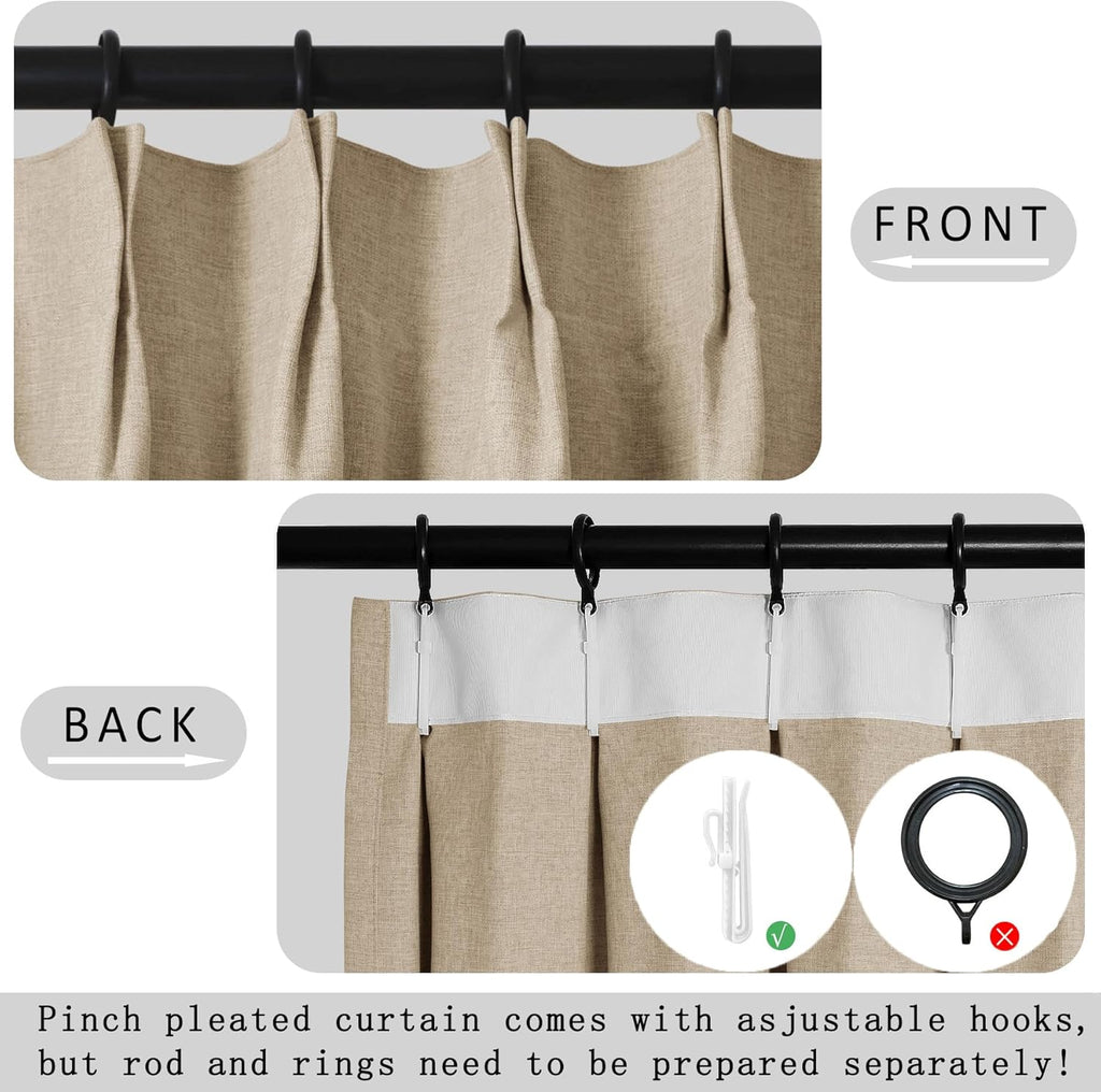 Macochico Extra Wide 100% Blackout Linen Curtains for Sliding Door Pleated Curtains with Hooks Insulated Soft Linen Drapes for Bedroom Living Room with Tieback Sand Beige 100”Wx84”L 1 Panel