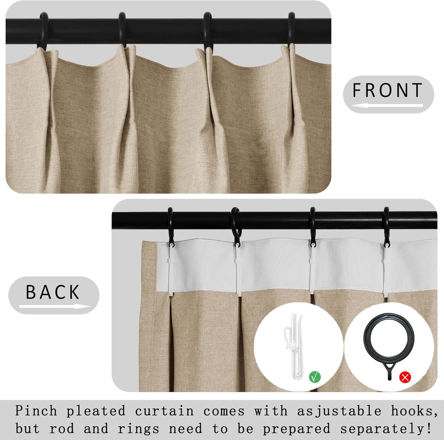 Macochico Extra Wide 100% Blackout Linen Curtains for Sliding Door Pleated Curtains with Hooks Insulated Soft Linen Drapes for Bedroom Living Room with Tieback Sand Beige 100”Wx84”L 1 Panel