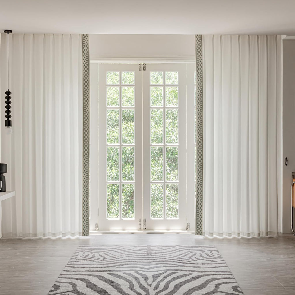 White Linen Curtain Panels with Embroidered Trim Design, Pinch Pleat Curtains, Semi-Sheer Curtains for Sliding Patio Doors Bedroom (2 Panels) (50W x 84L)