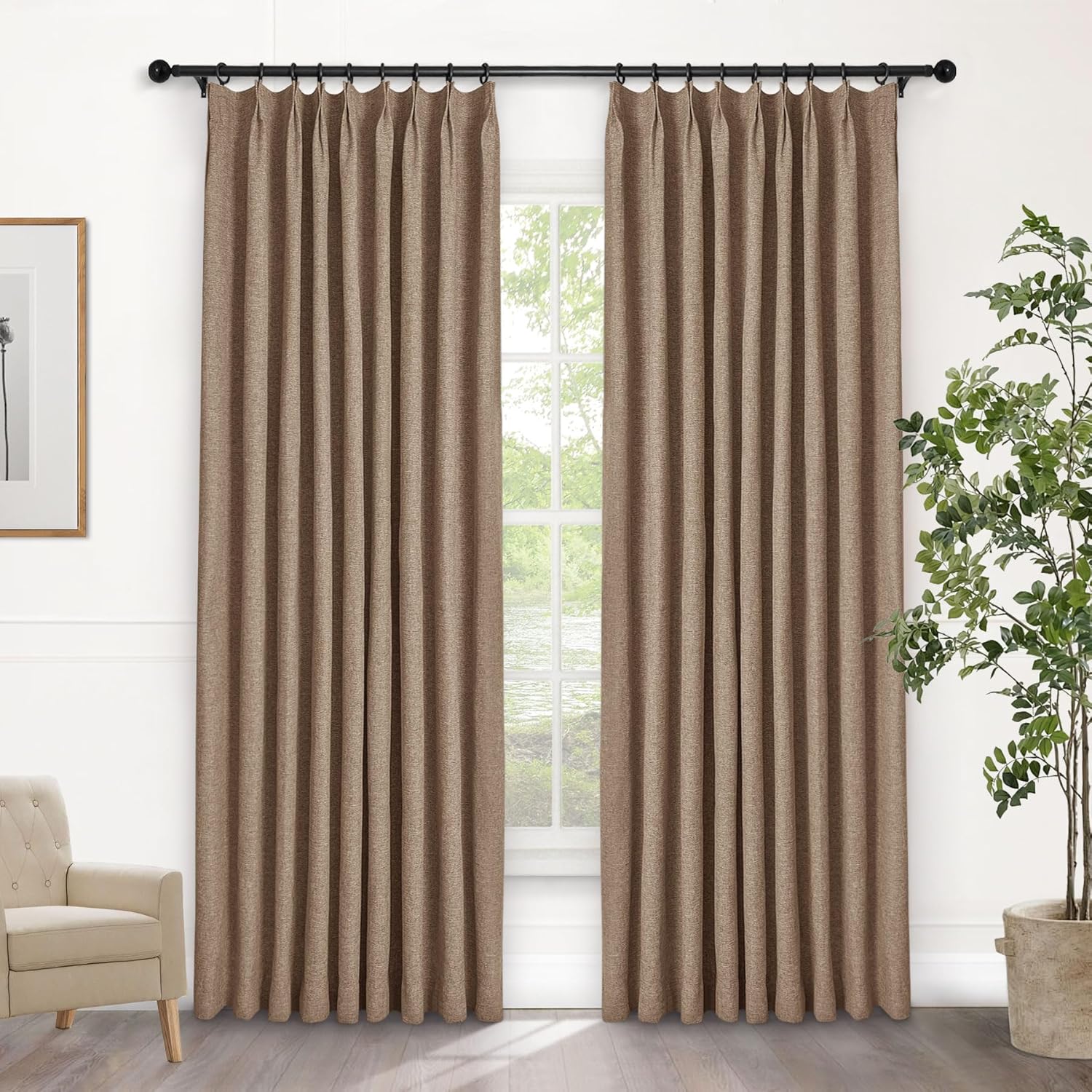 Macochico Extra Wide 100% Blackout Linen Curtains for Sliding Door Pleated Curtains with Hooks Insulated Soft Linen Drapes for Bedroom Living Room with Tieback Sand Beige 100”Wx84”L 1 Panel