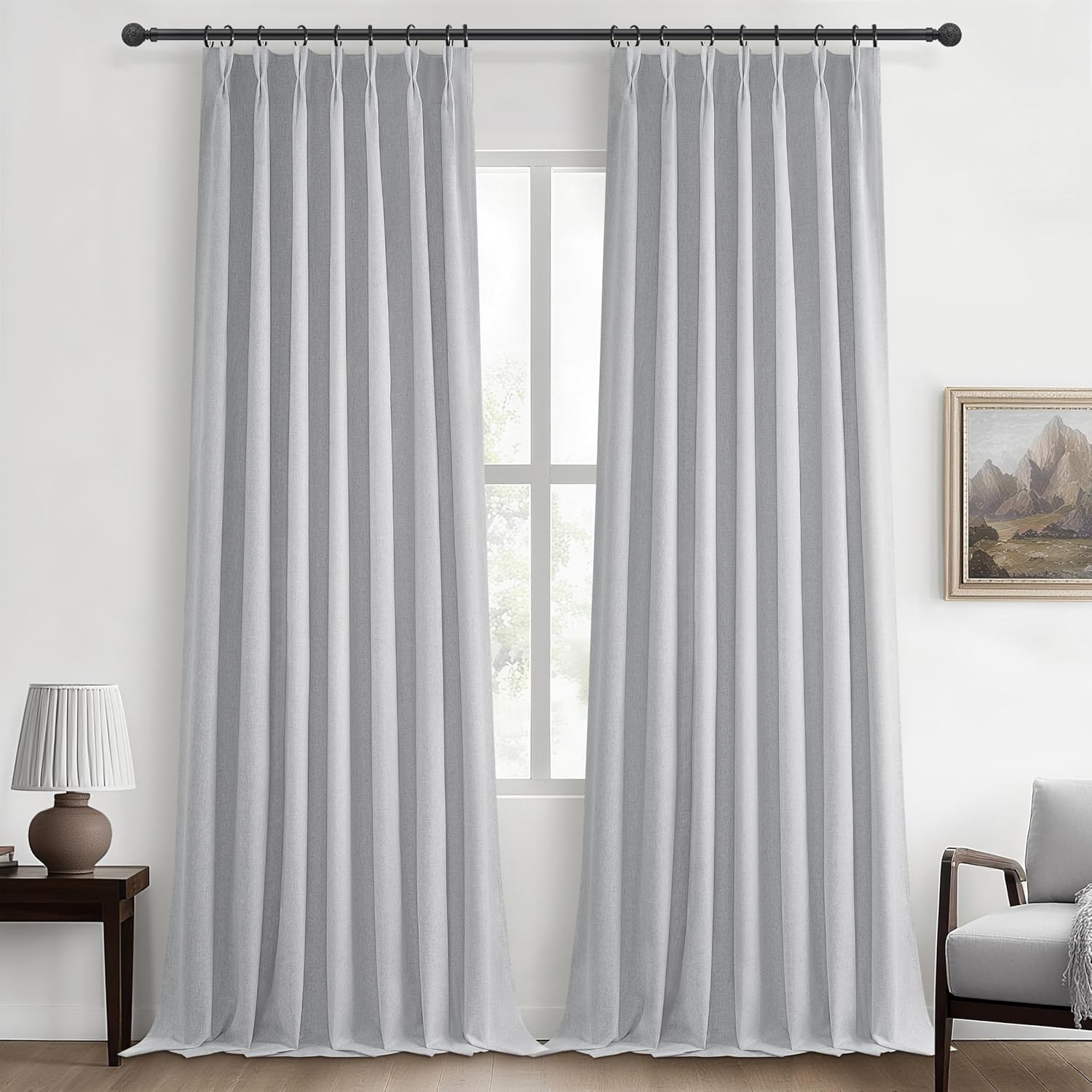 Lush Decor Wide Curtains for Windows 120 to 140 Blackout Linen 108 Inches Long, Pinch Pleated Thick 70 Inch Extra Wide Patio Door Curtain Panels 2 Set Drapes Floor to Ceiling Drapes Heavy Thermal