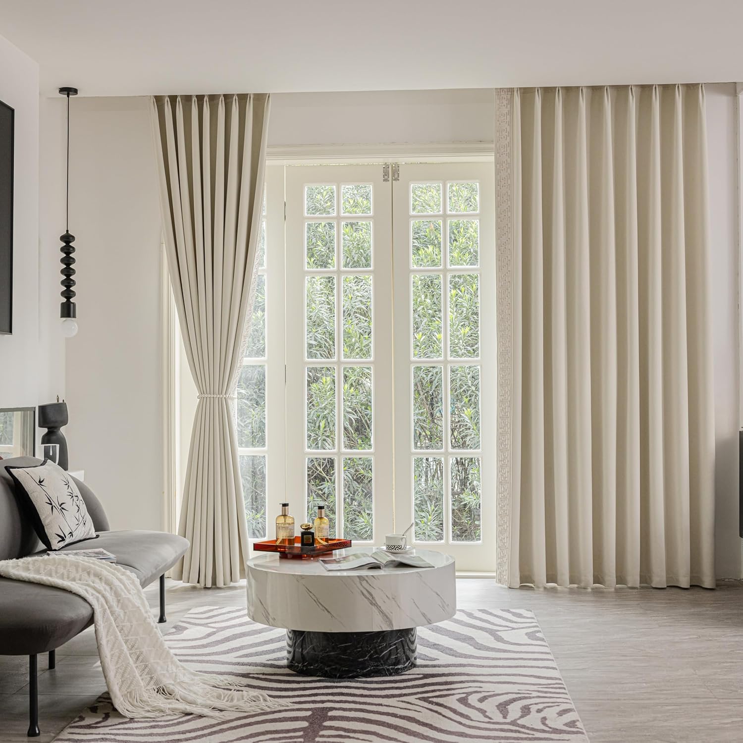 Curtain Panels with Embroidered Design, Tape Trim Drapes Pinch Pleat, Design Curtains for Sliding Patio Doors Bedroom 2Panels (Warm Cream, 50" W x 102" L)