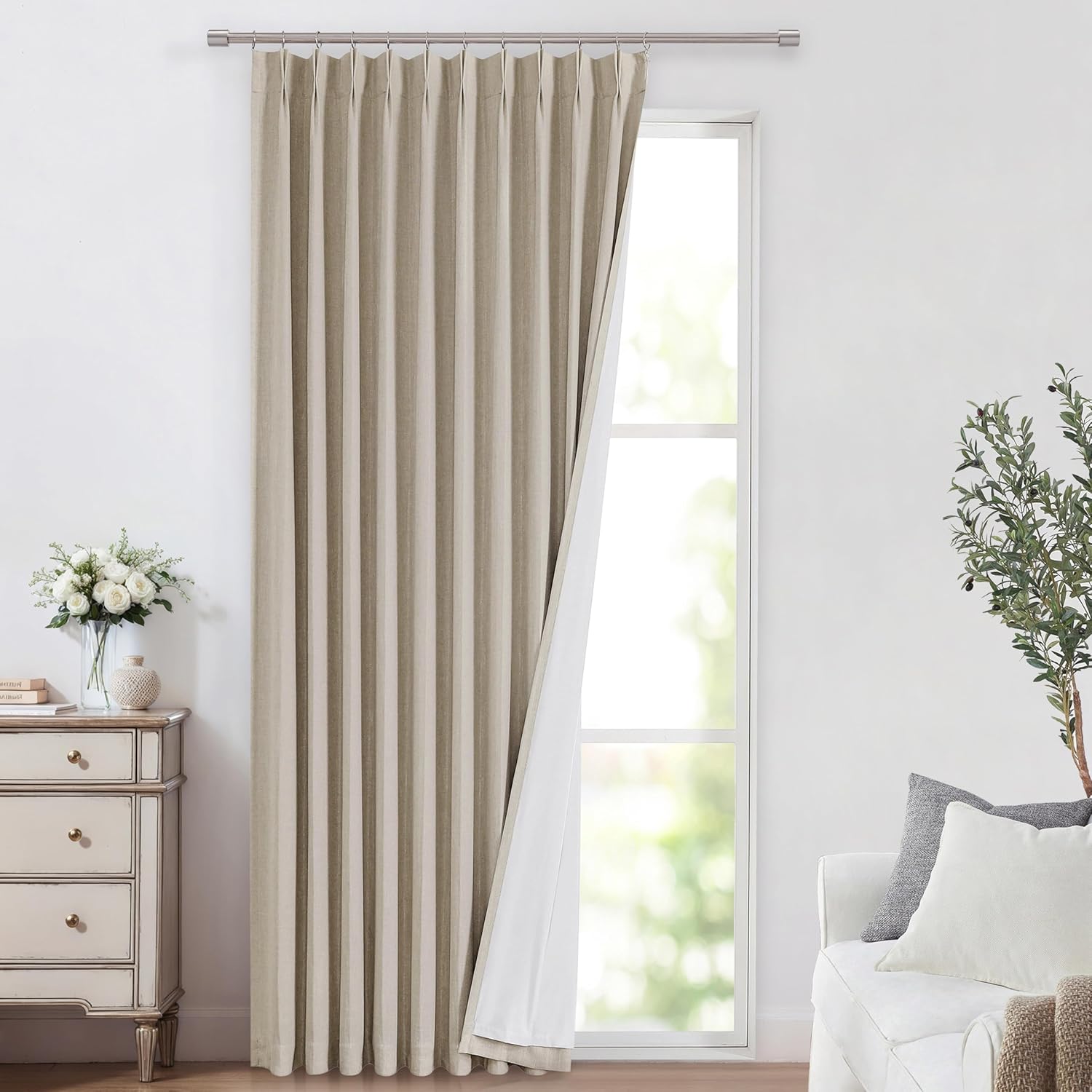 Vision Home Brown Pinch Pleated Full Blackout Curtains Linen Blended 60" Wide Thermal Insulated Window Panels 108 inch for Bedroom Living Room Darkening Pleat Drapes with Hooks Back Tab 60" Wx108 Lx1