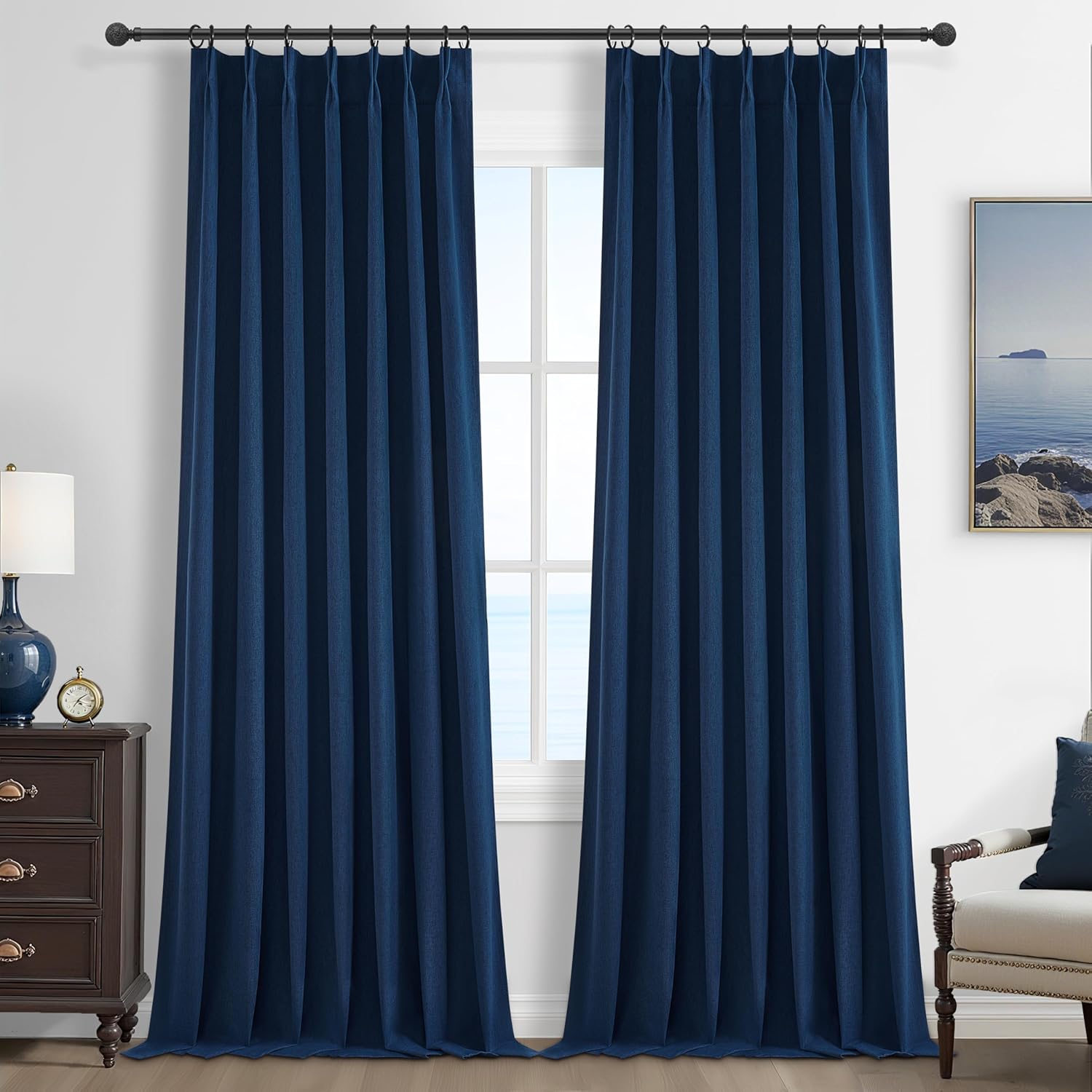 Lush Decor Wide Curtains for Windows 120 to 140 Blackout Linen 108 Inches Long, Pinch Pleated Thick 70 Inch Extra Wide Patio Door Curtain Panels 2 Set Drapes Floor to Ceiling Drapes Heavy Thermal