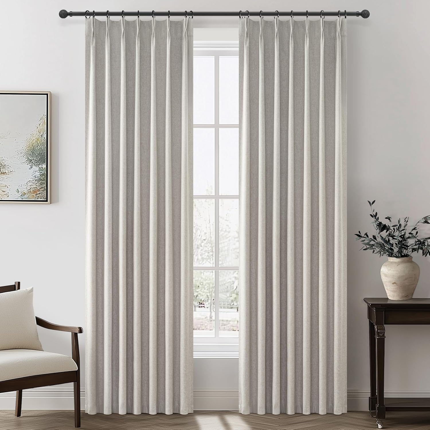 Lush Decor Wide Curtains for Windows 120 to 140 Blackout Linen 108 Inches Long, Pinch Pleated Thick 70 Inch Extra Wide Patio Door Curtain Panels 2 Set Drapes Floor to Ceiling Drapes Heavy Thermal