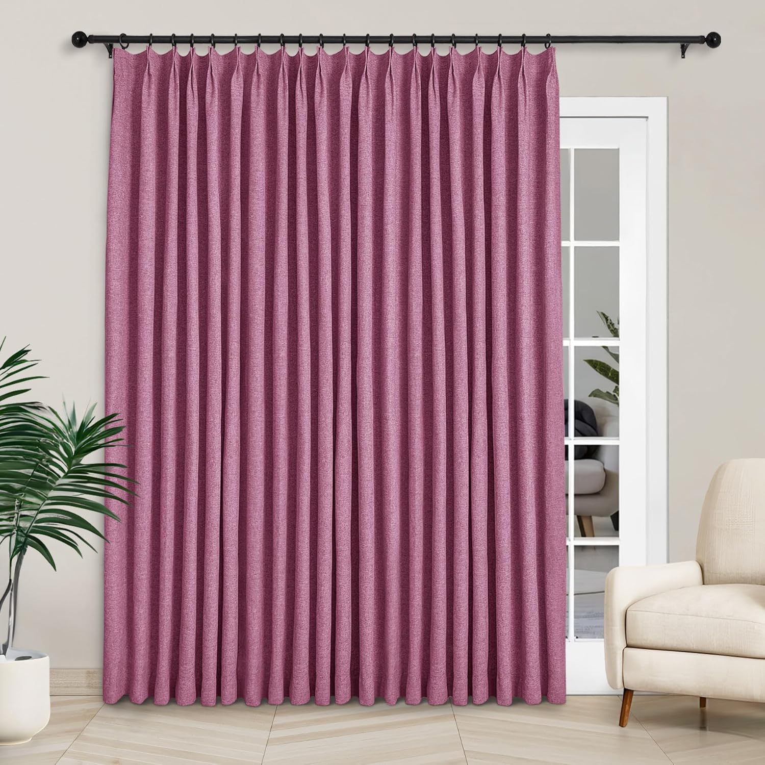Macochico Extra Wide 100% Blackout Linen Curtains for Sliding Door Pleated Curtains with Hooks Insulated Soft Linen Drapes for Bedroom Living Room with Tieback Sand Beige 100”Wx84”L 1 Panel