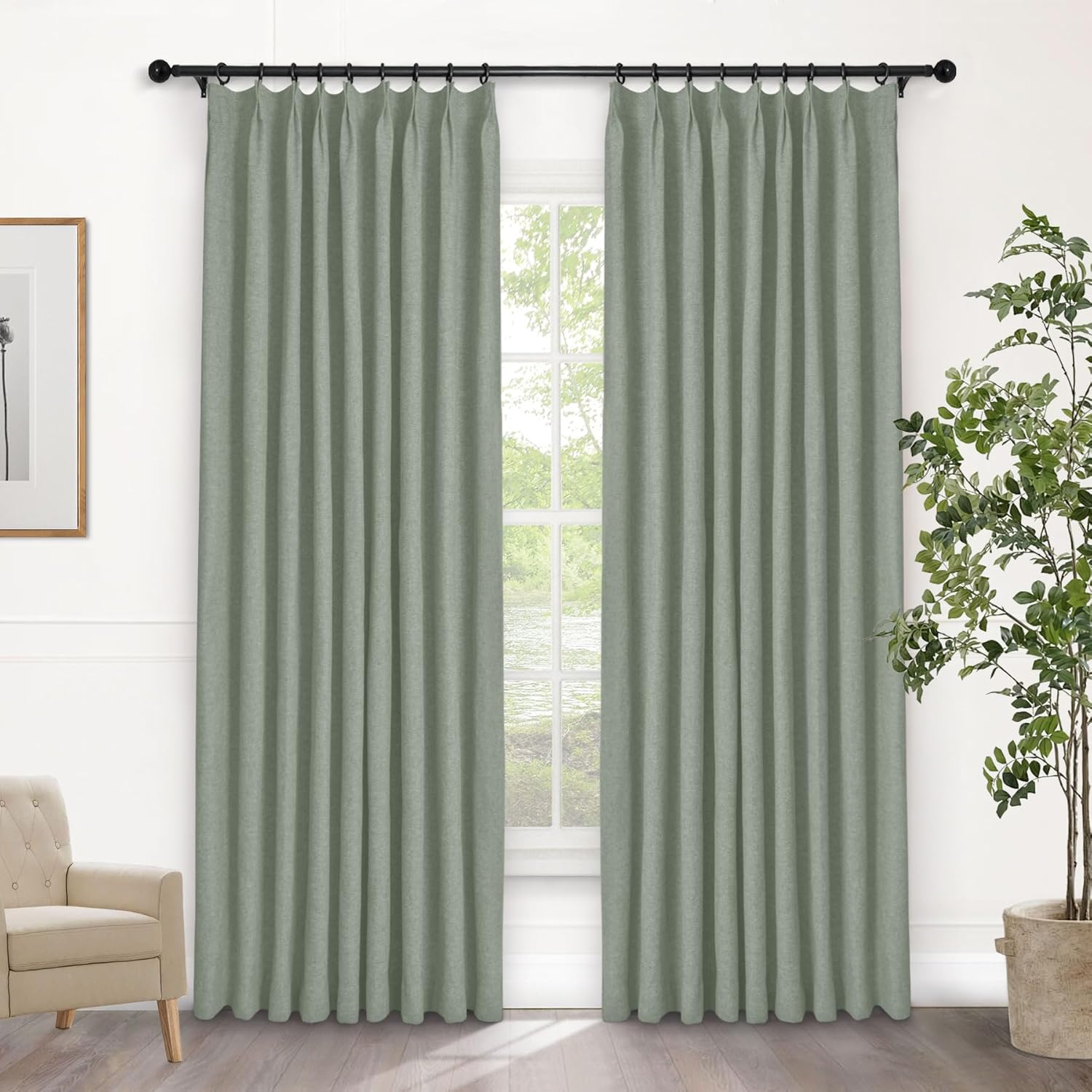 Macochico Extra Wide 100% Blackout Linen Curtains for Sliding Door Pleated Curtains with Hooks Insulated Soft Linen Drapes for Bedroom Living Room with Tieback Sand Beige 100”Wx84”L 1 Panel