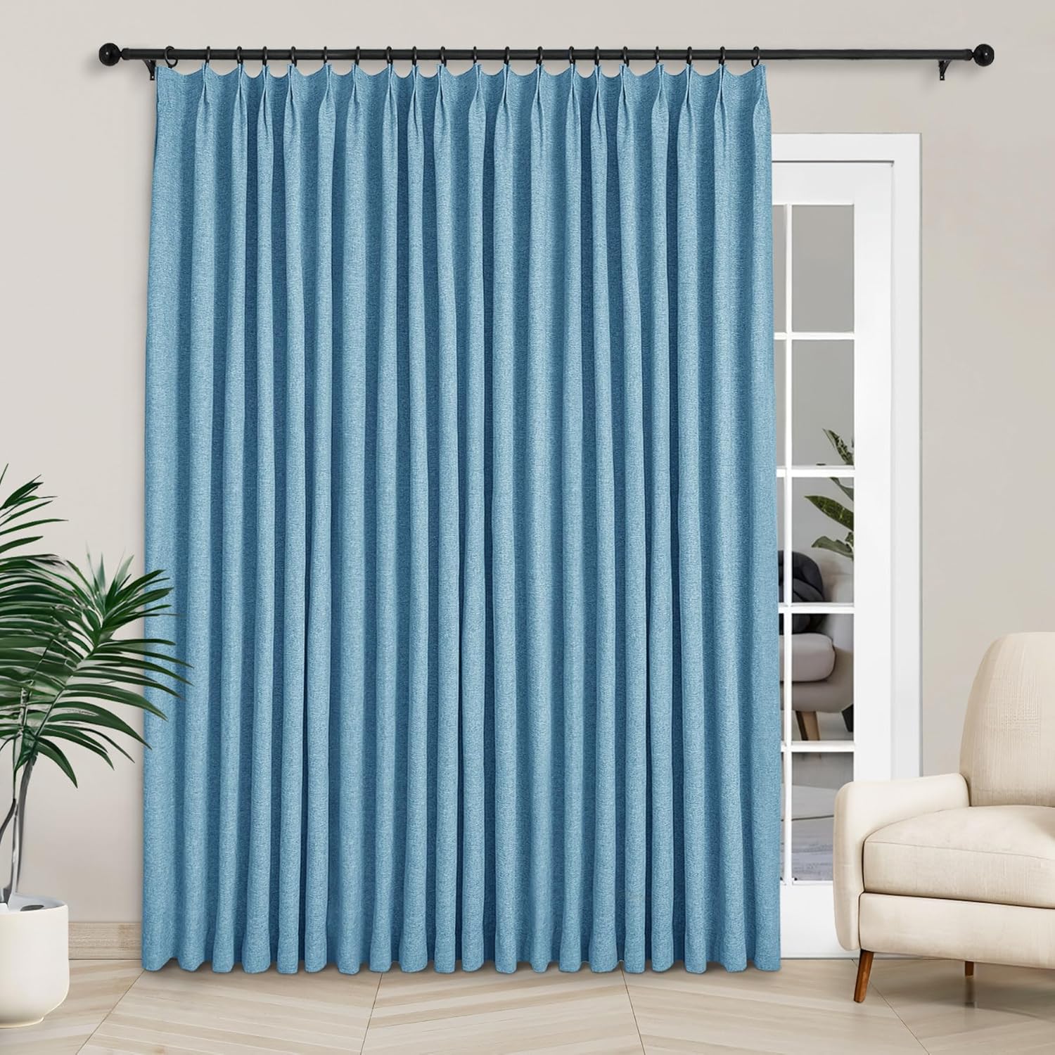 Macochico Extra Wide 100% Blackout Linen Curtains for Sliding Door Pleated Curtains with Hooks Insulated Soft Linen Drapes for Bedroom Living Room with Tieback Sand Beige 100”Wx84”L 1 Panel