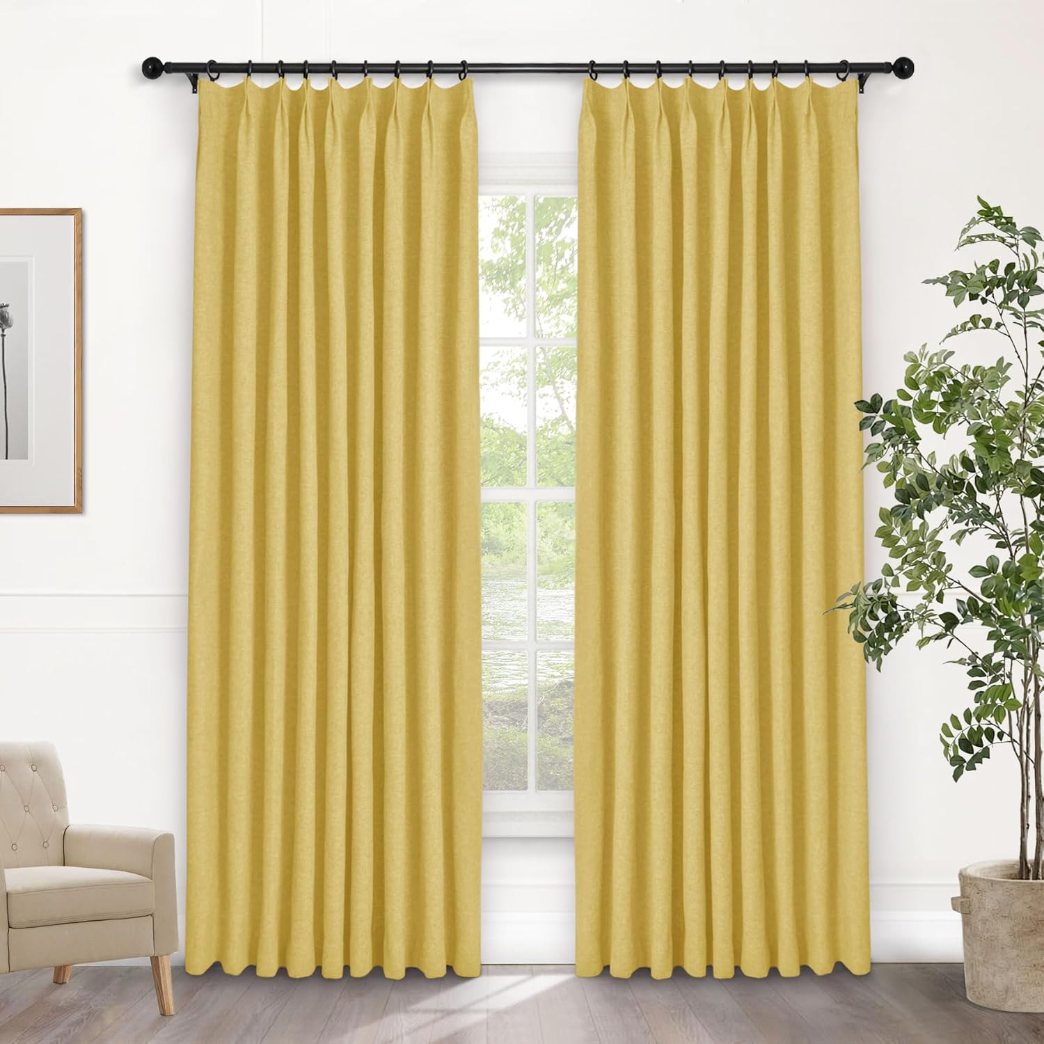 Macochico Extra Wide 100% Blackout Linen Curtains for Sliding Door Pleated Curtains with Hooks Insulated Soft Linen Drapes for Bedroom Living Room with Tieback Sand Beige 100”Wx84”L 1 Panel