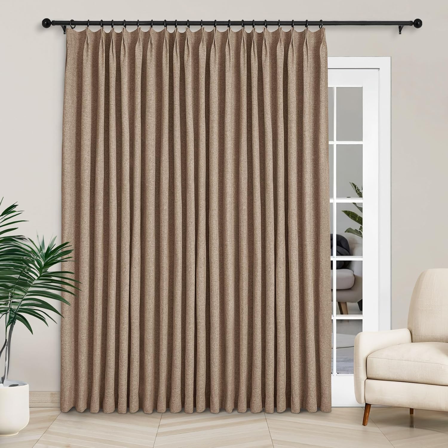 Macochico Extra Wide 100% Blackout Linen Curtains for Sliding Door Pleated Curtains with Hooks Insulated Soft Linen Drapes for Bedroom Living Room with Tieback Sand Beige 100”Wx84”L 1 Panel