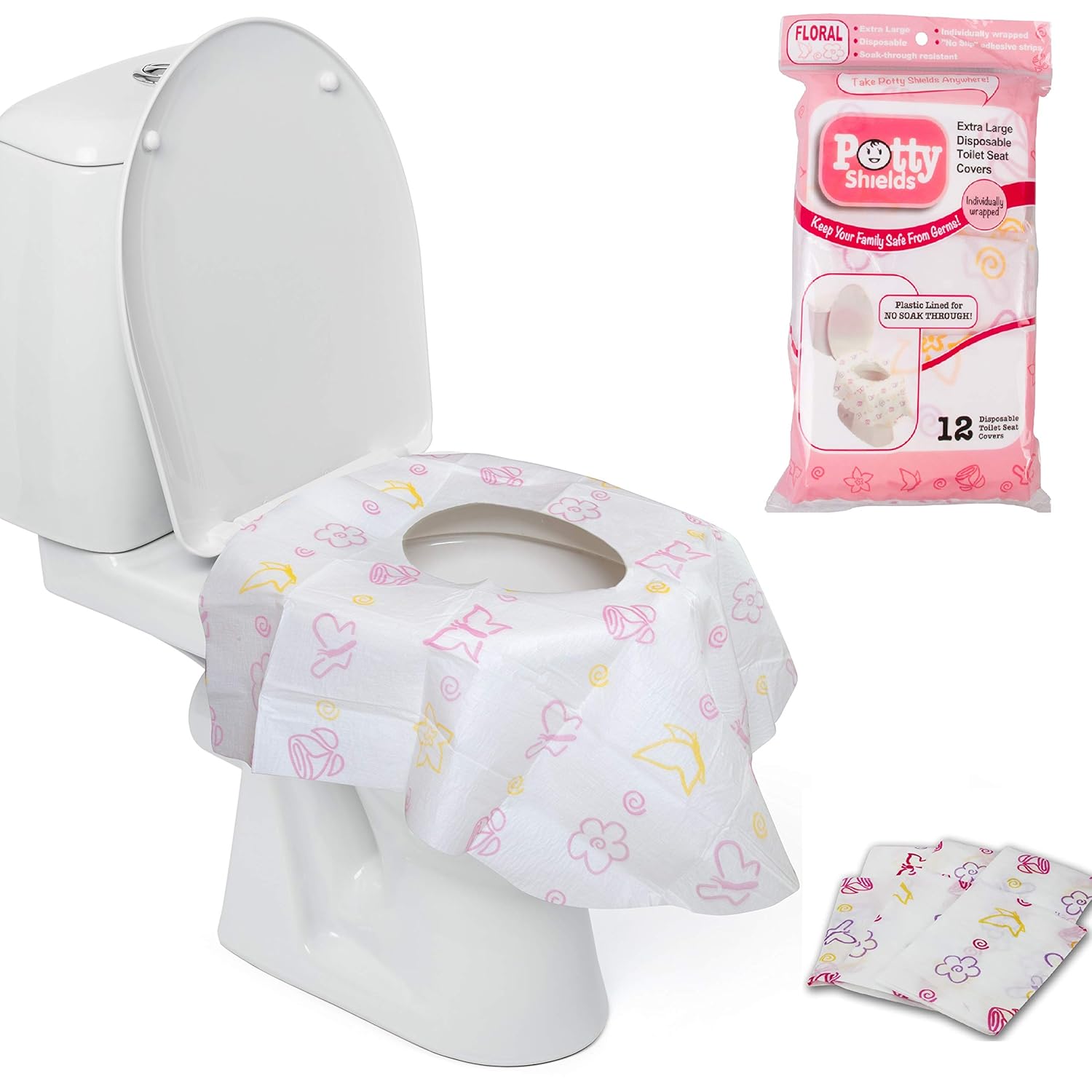 Toilet Seat Covers Disposable (40 Pack, Floral) - XL Waterproof Toilet Cover for Toddlers, Kids & Adults - Portable & Individually Wrapped for Travel, Potty Training & Public Restrooms