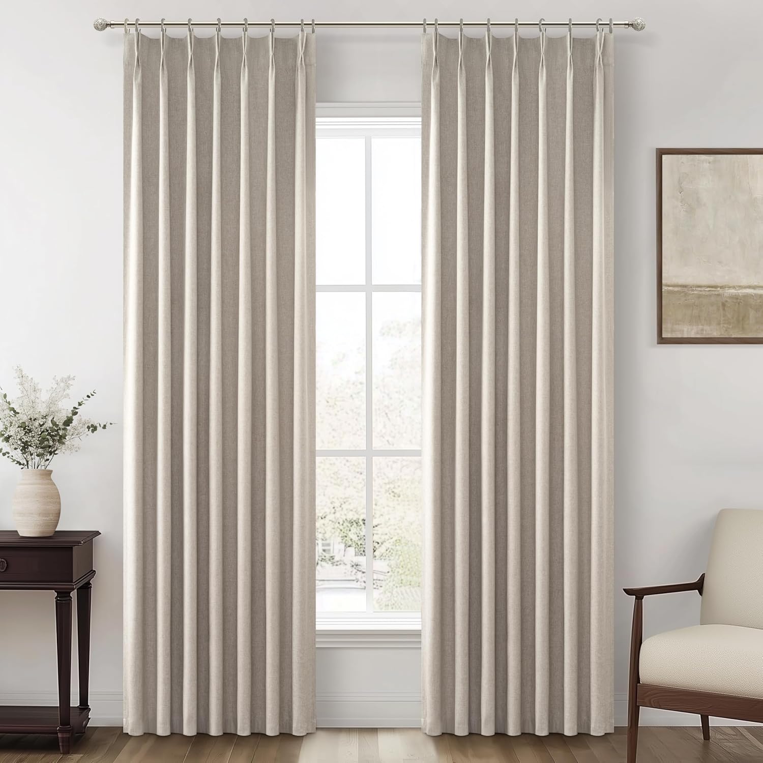 Lush Decor Wide Curtains for Windows 120 to 140 Blackout Linen 108 Inches Long, Pinch Pleated Thick 70 Inch Extra Wide Patio Door Curtain Panels 2 Set Drapes Floor to Ceiling Drapes Heavy Thermal