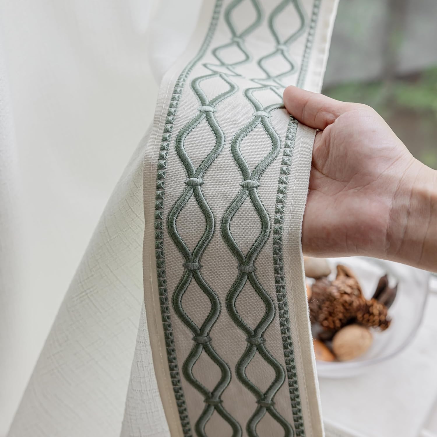 White Linen Curtain Panels with Embroidered Trim Design, Pinch Pleat Curtains, Semi-Sheer Curtains for Sliding Patio Doors Bedroom (2 Panels) (50W x 84L)