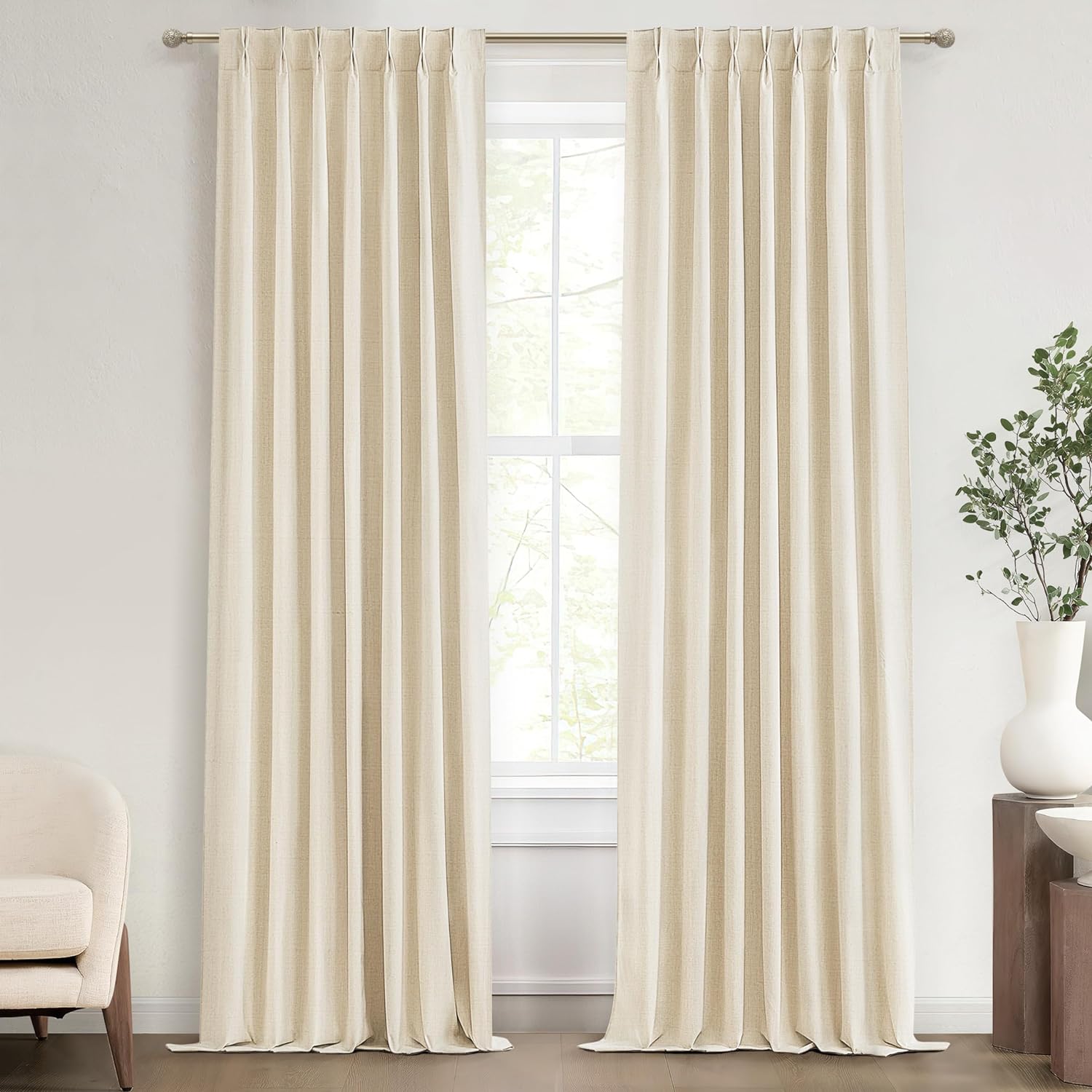 Lush Decor Wide Curtains for Windows 120 to 140 Blackout Linen 108 Inches Long, Pinch Pleated Thick 70 Inch Extra Wide Patio Door Curtain Panels 2 Set Drapes Floor to Ceiling Drapes Heavy Thermal