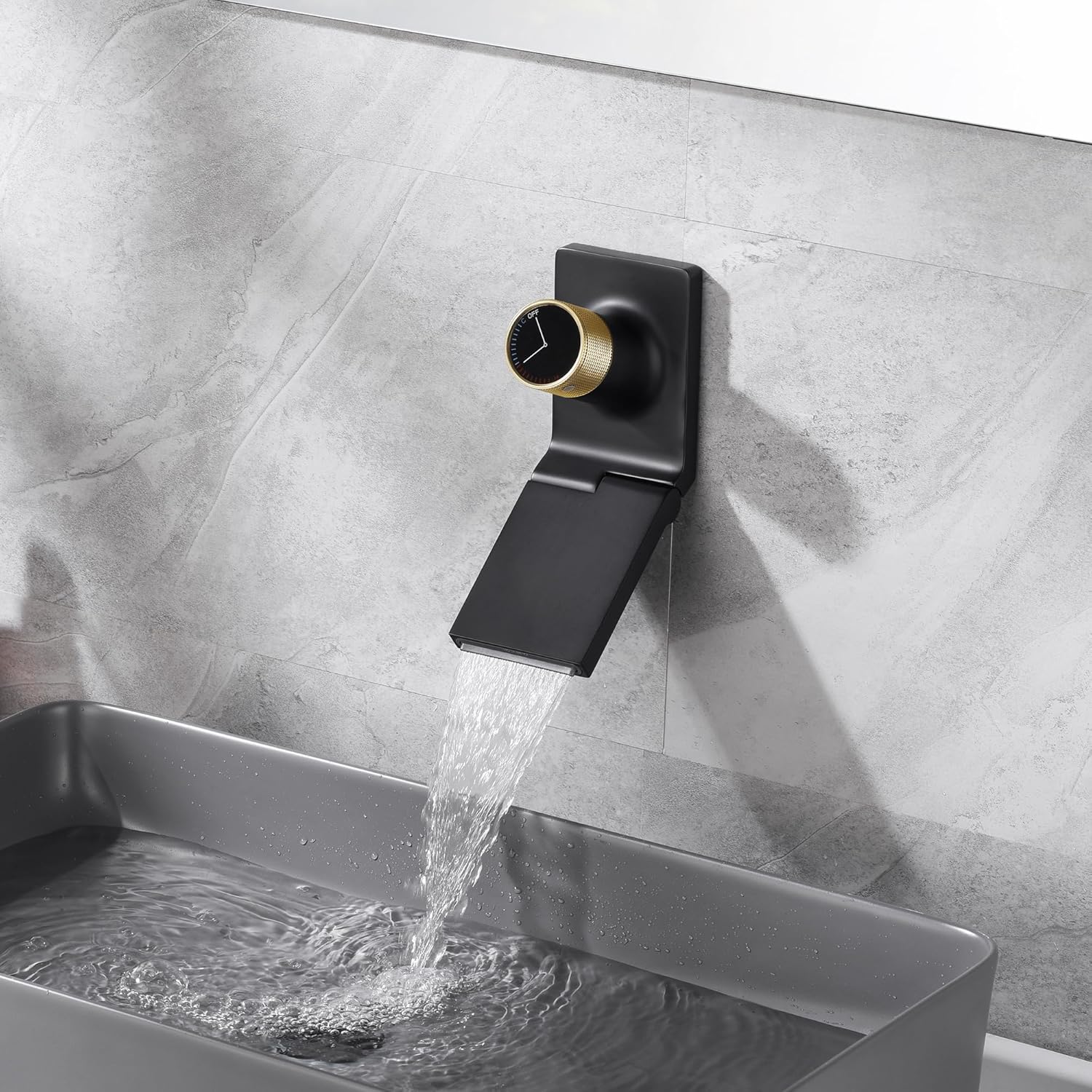 Sumerain Waterfall Wall Mount Bathroom Sink Faucet, Swiveling Spout with Adjustable Aerator, Black and Gold
